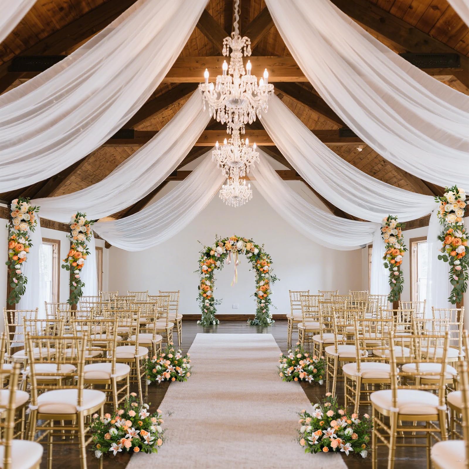 4 białe zasłony ślubne, białe zasłony, 15 m x 66 m, szyfon, na wesele, na imprezę, ceremonię, wesele, jako dekoracja na baby shower, recepcję, na scenę, jako dekoracja