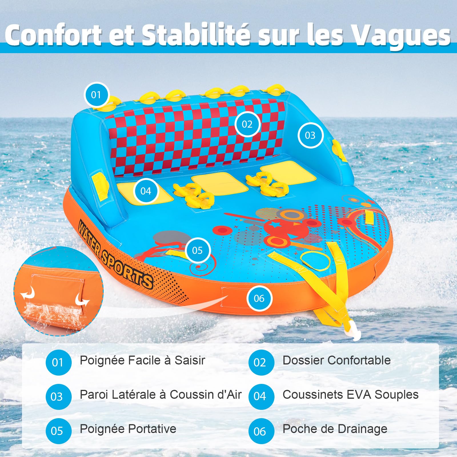 COSTWAY Bouée Tractée Gonflable pour 3 Personnes Charge 300KG, Gonflable Bateau Remorquable Housse en Nylon avec 2 Points de Remorquage, pour Sports Nautiques, 193 x 189 x 82 cm