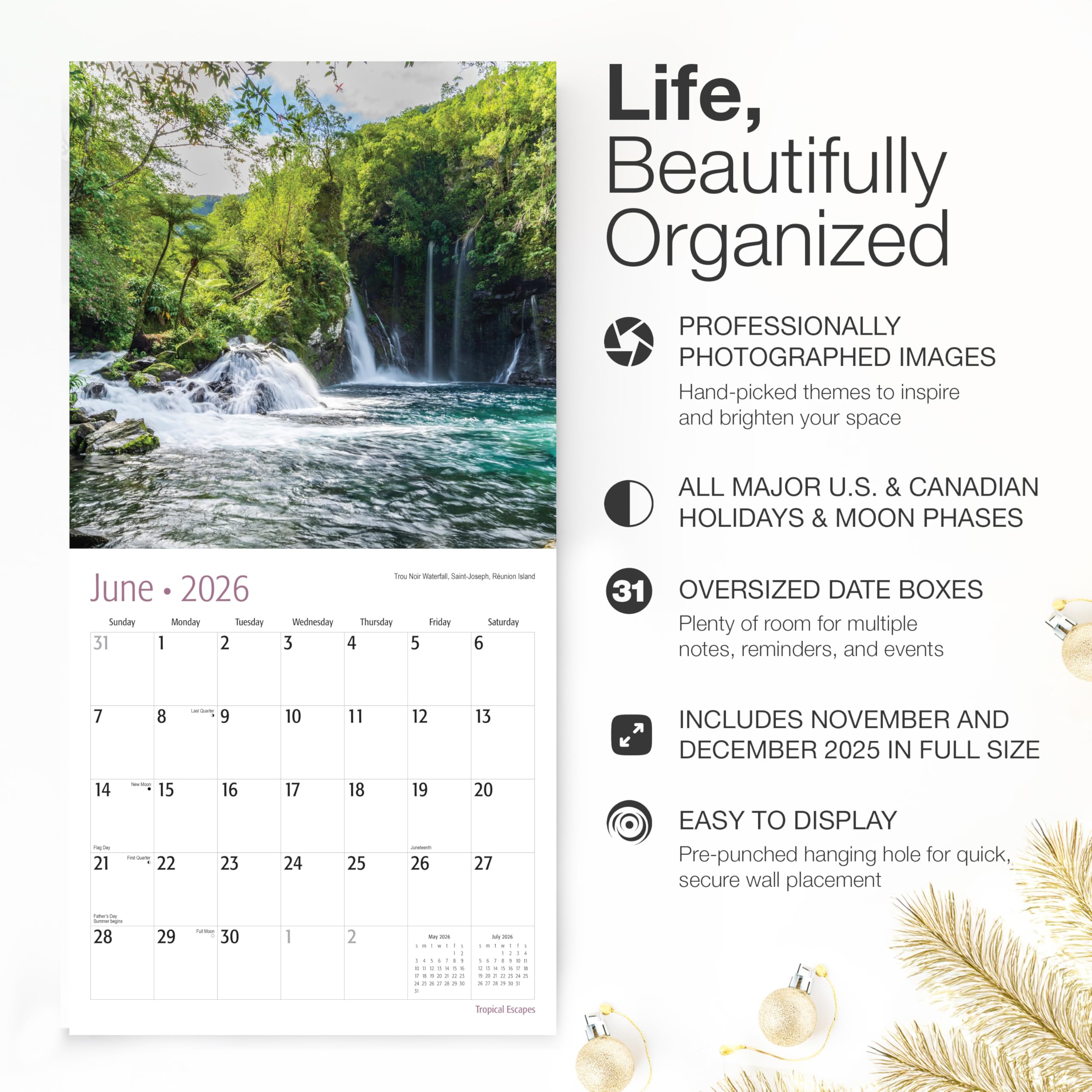 RED EMBER Tropical Escapes Wandkalender 2026, 12 Monate, 30,5 x 61 cm offen, dickes und stabiles Papier, Geschenk, Kalender 2026
