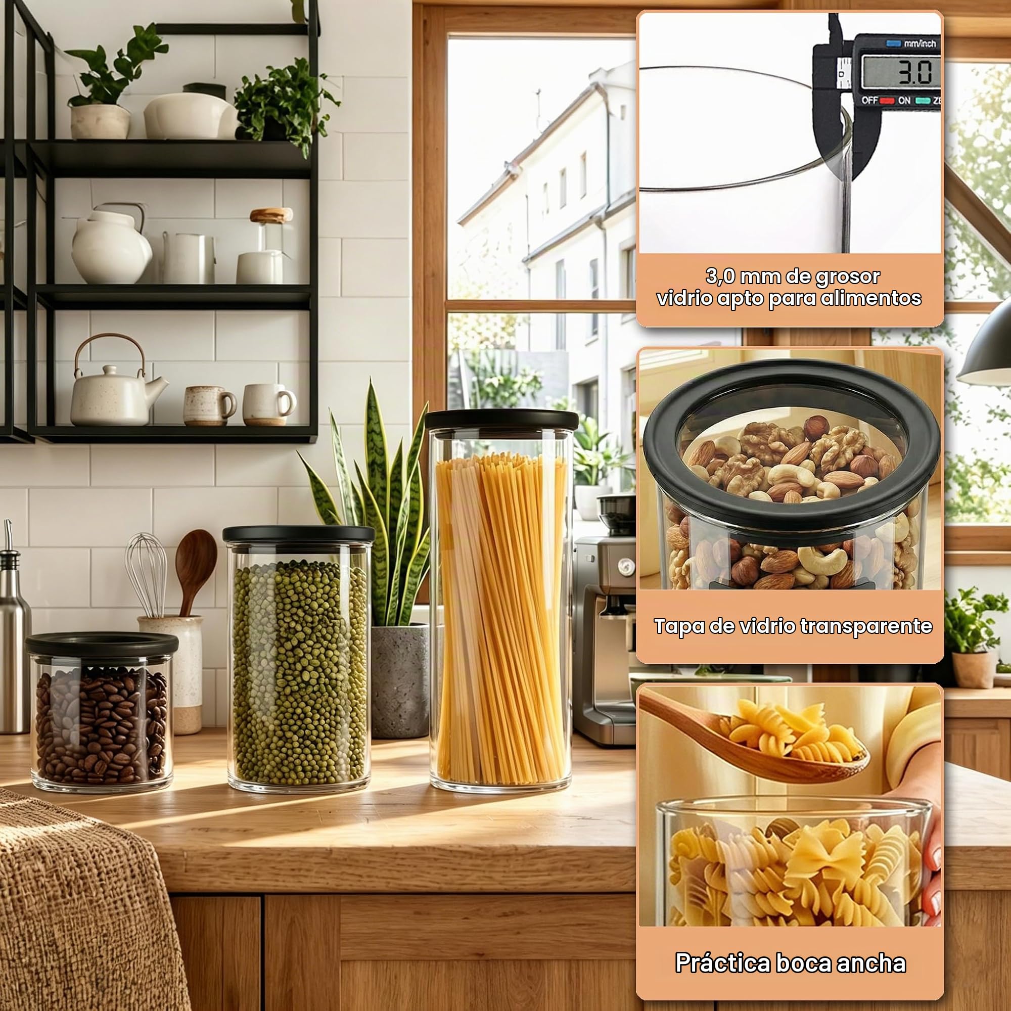 twoant Juego de 4 Redondos Tarros de Cristal Con Tapa Hermética transparente，1200ml Cocina Botes Almacenaje Ideales Para Guardar Especias, Pasta, Legumbres, Avena, Cereales
