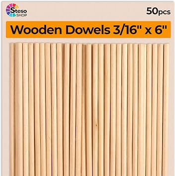 Hardwood Dowel Rods 6 inch - 3/16 Wood Craft Dowels for Woodworking Projects - 50 pcs - Model Building, Games, Kids Crafts, Home Decor