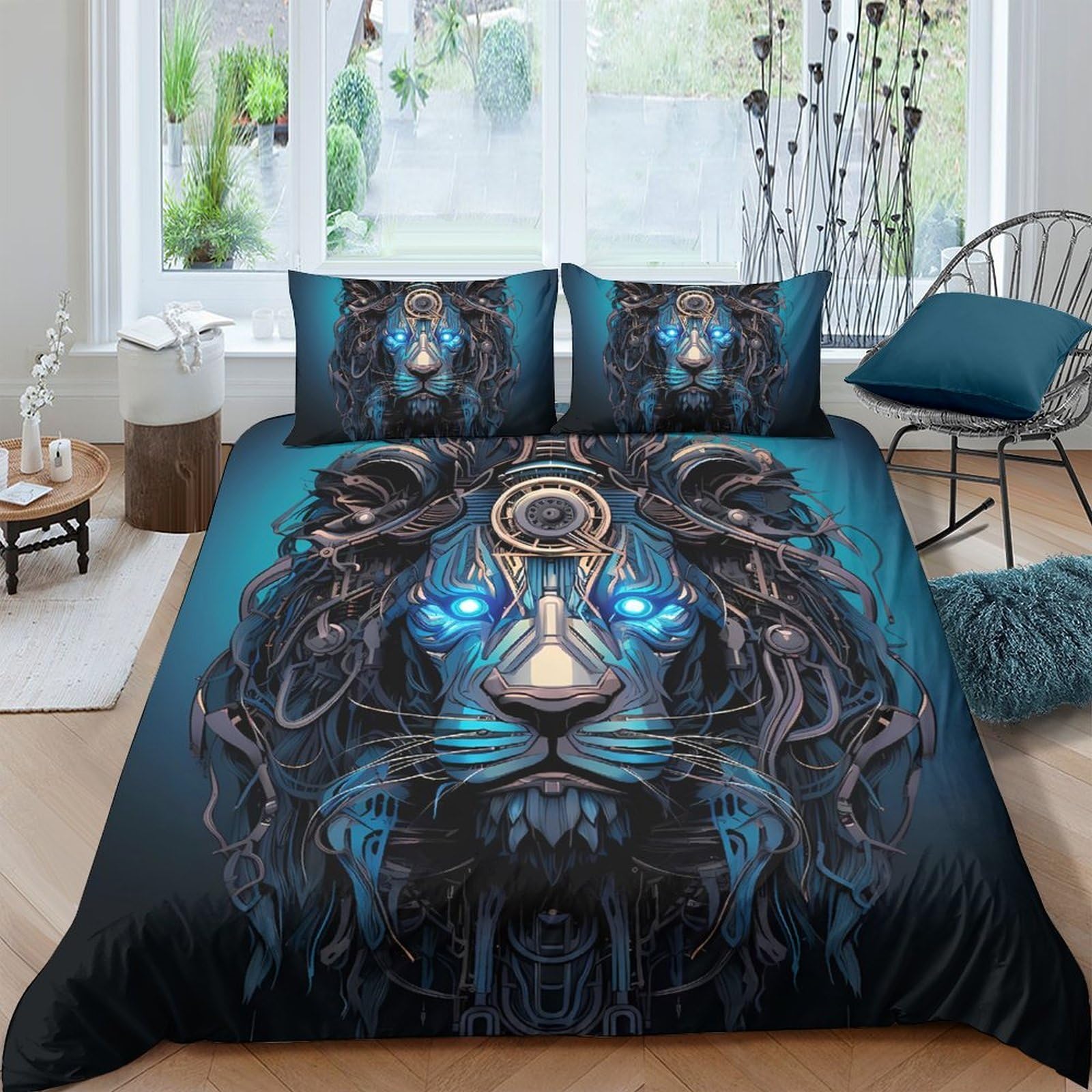 Ctjqhvkz Style-6 3D Printed Cyber Lion Fitted Sheet Microfiber Blue Futuristic Animal Bed Cover For Bedroom Dorm Mattress Protection Decor Single（135X200cm）