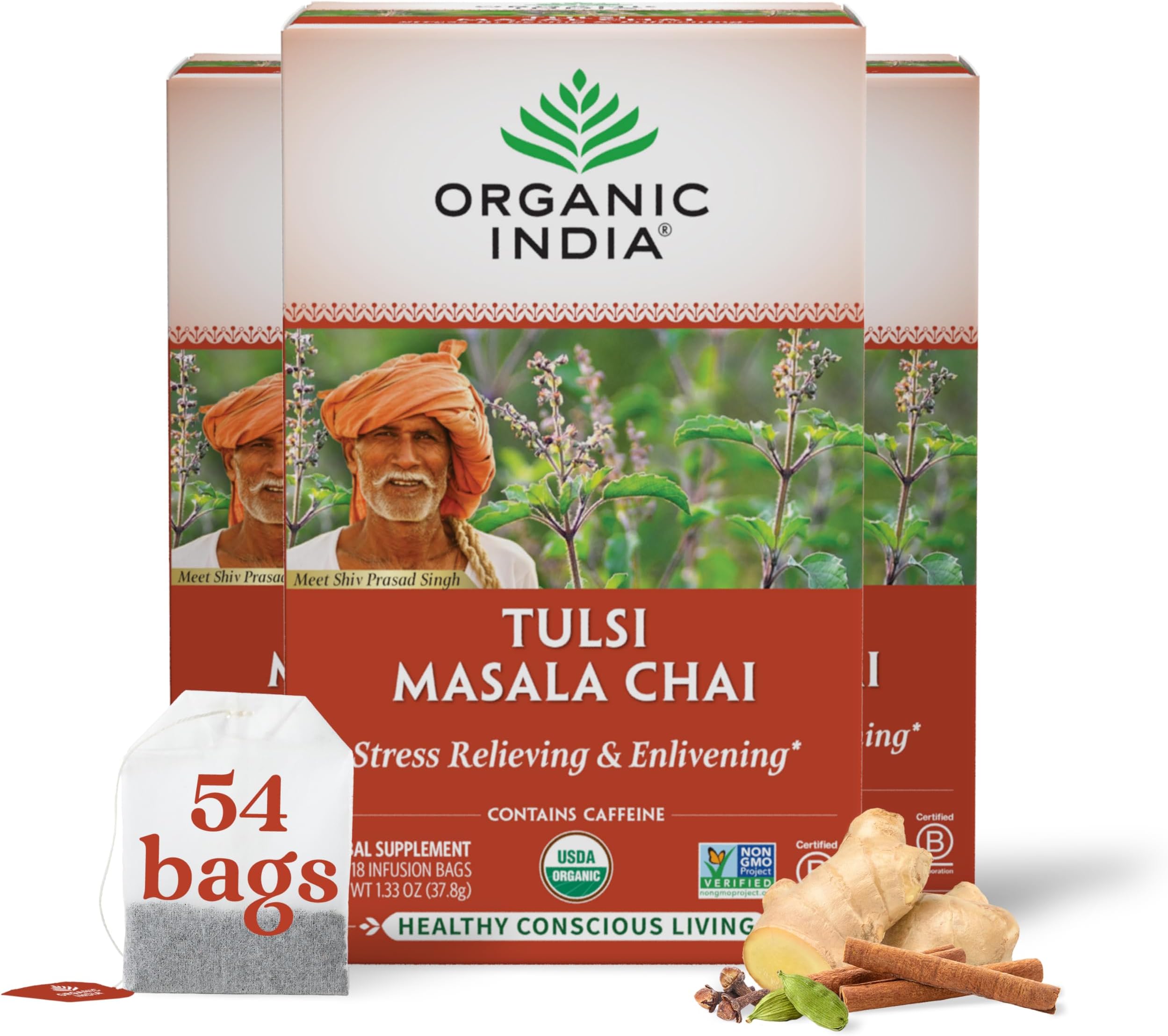 ORGANIC INDIA Tulsi Masala Chai Tea Bags - Holy Basil, Black Tea, Spices with Ginger, Stress Relieving, Immune Support, USDA Certified Organic, Antioxidant, Caffeinated - 18 Infusion Bags, 3 Pack