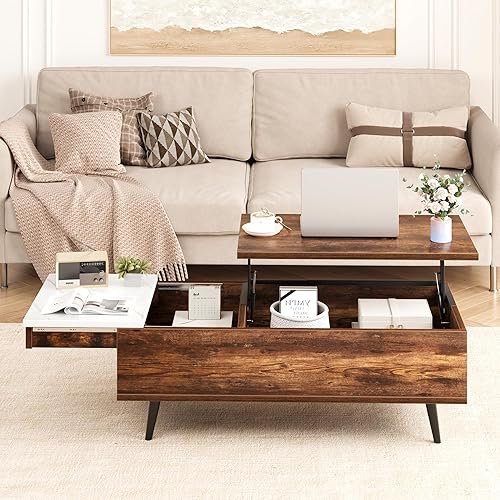 Miniatura 4 de GAOMON Mesa de centro elevable, mesa de centro con estante de almacenamiento, compartimento oculto y barra de elevación hidráulica para sala de