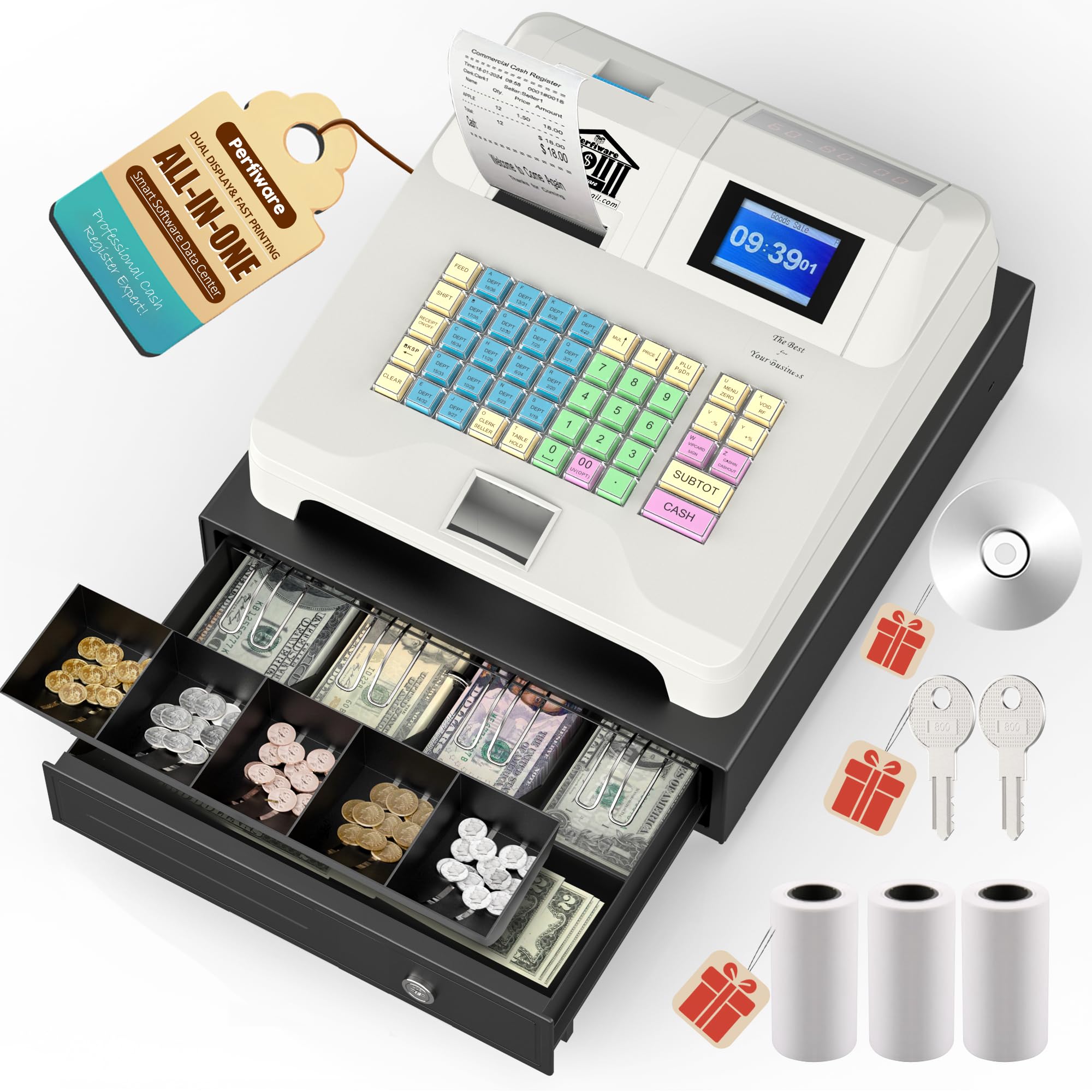 Unpgraded Cash Register for Small Businesses with Checkport Cash Drawer and Clear Dual Display, Electronic Cash Registers,Easy Operation,Receipt