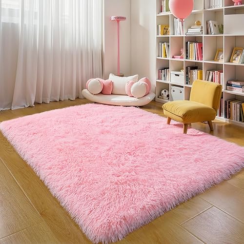Miniatura 17 de Alfombras mullidas de 4 x 6 pies para dormitorio de niñas, alfombra de pelo largo lavable en arco iris para habitación de niños, guardería