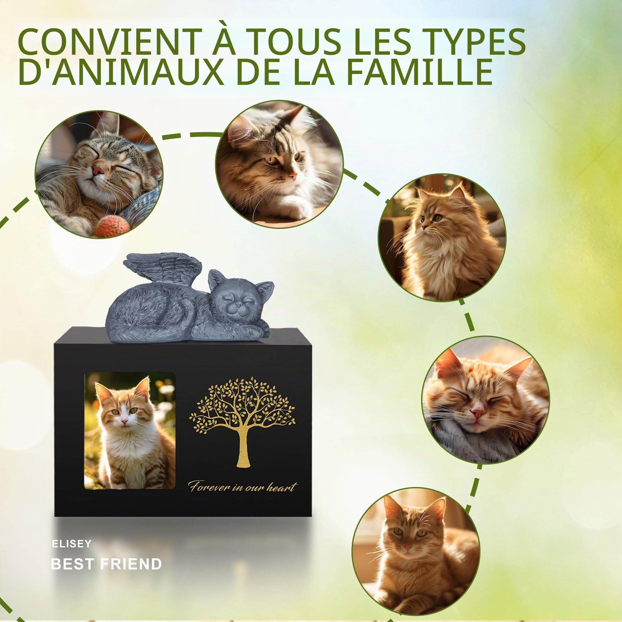 Urnes pour chat - Boîte de crémation en bois - Urne noire avec statue de chat en résine et pochette en velours