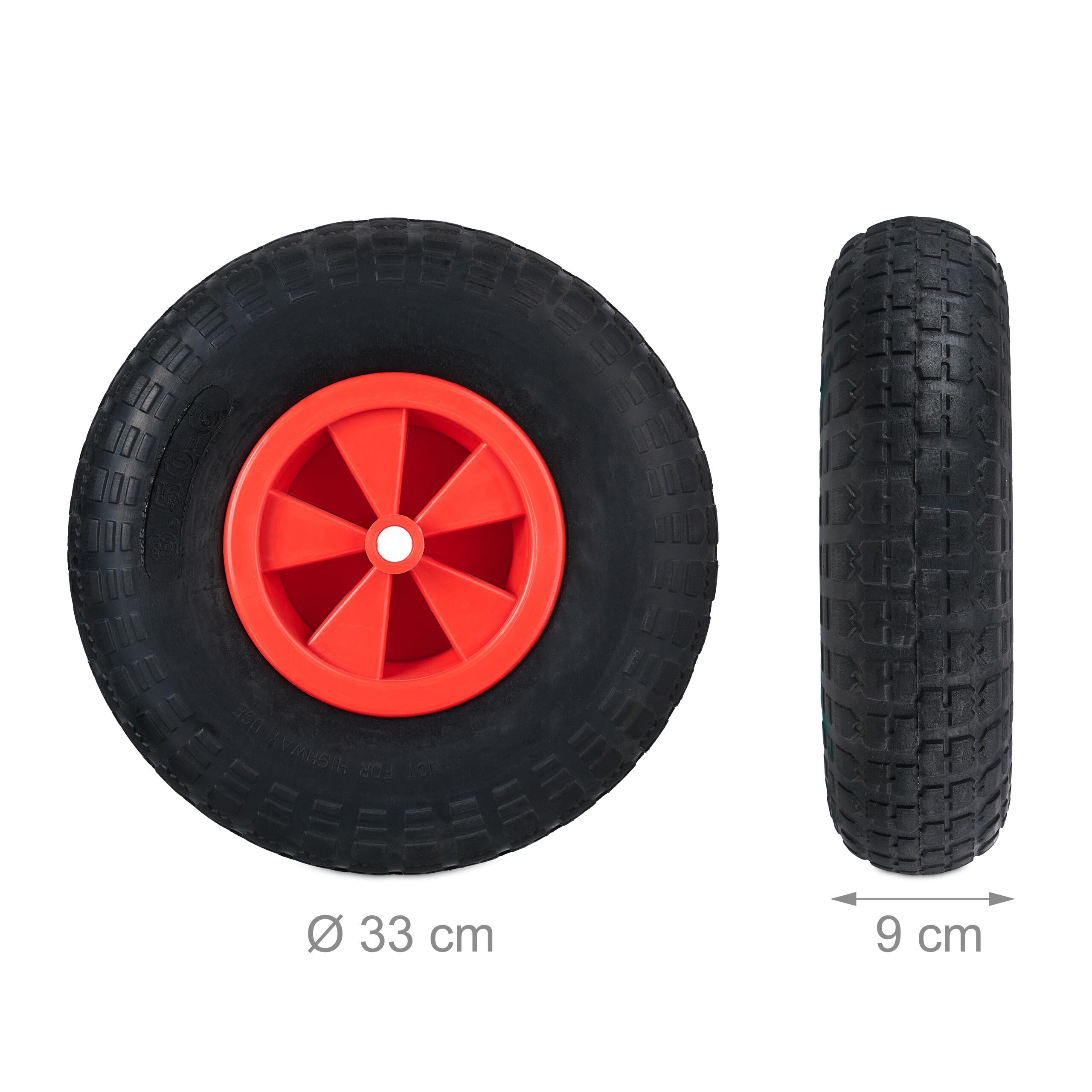 Relaxdays Ruota per Carriola 3.50-6, Gomma Piena Antiforatura, Cerchione Plastica, Ruotino Scorta, 100 kg, Nero/Rosso