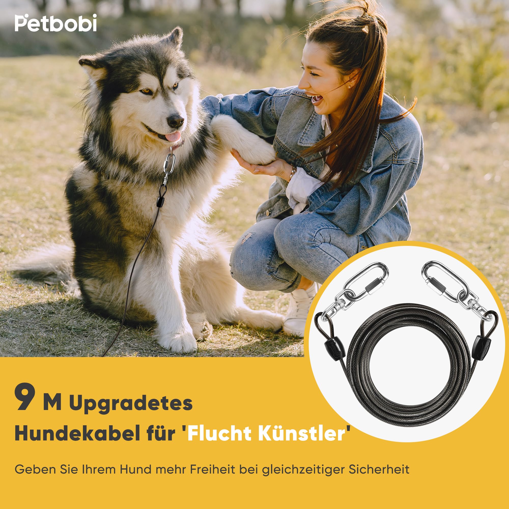 Petbobi Hofleine für Hunde 9m - Kausichere Hundeleine für Garten & Camping, 6mm Verstärktes Stahlkabel mit 304 Edelstahl Karabiner, Bruchfeste Schleppleine für Mittlere bis Große Hunde, Schwarz
