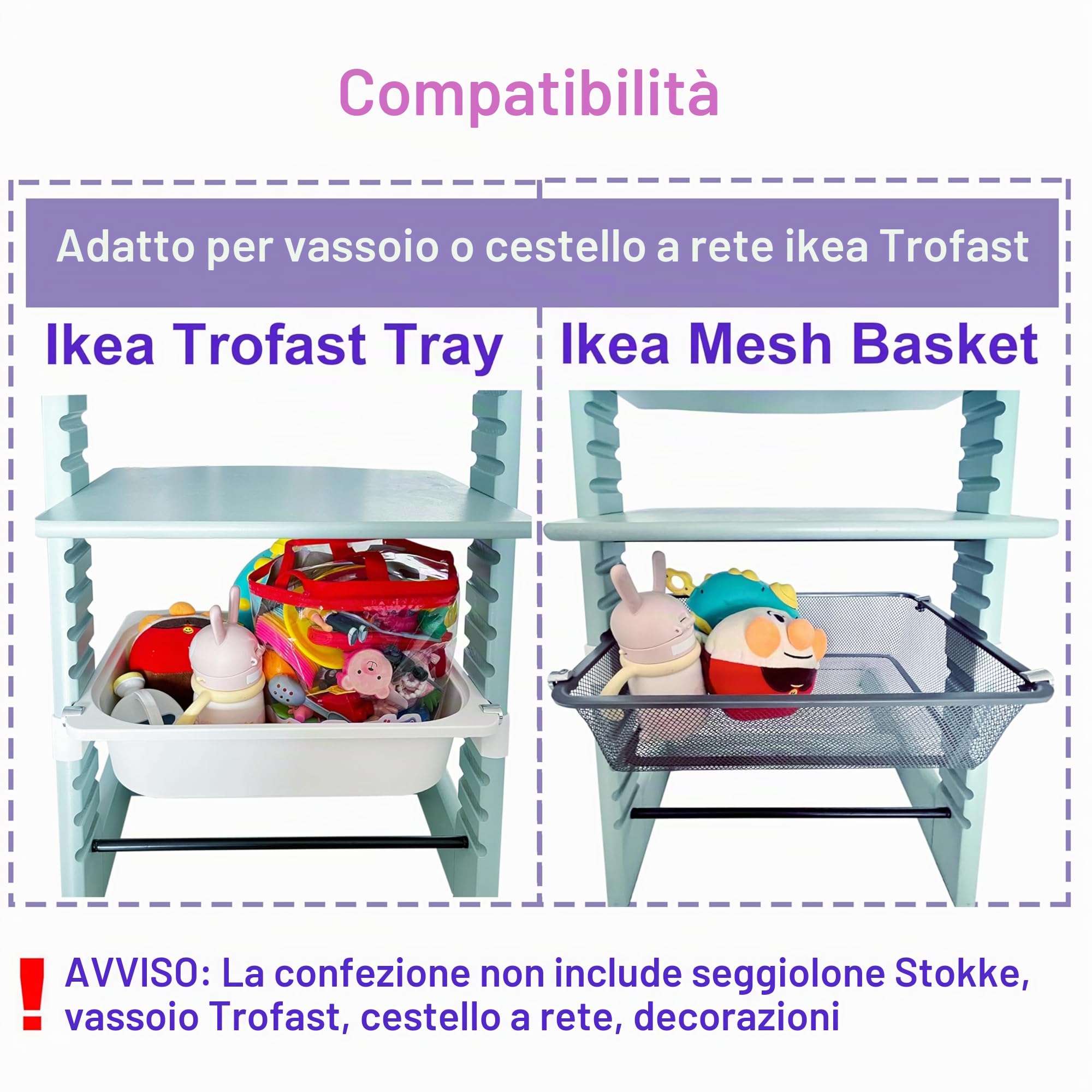 Adattatore per seggiolone Stokke Tripp Trapp e vassoio IKEA Trofast o cestino a rete, fornito con tappi