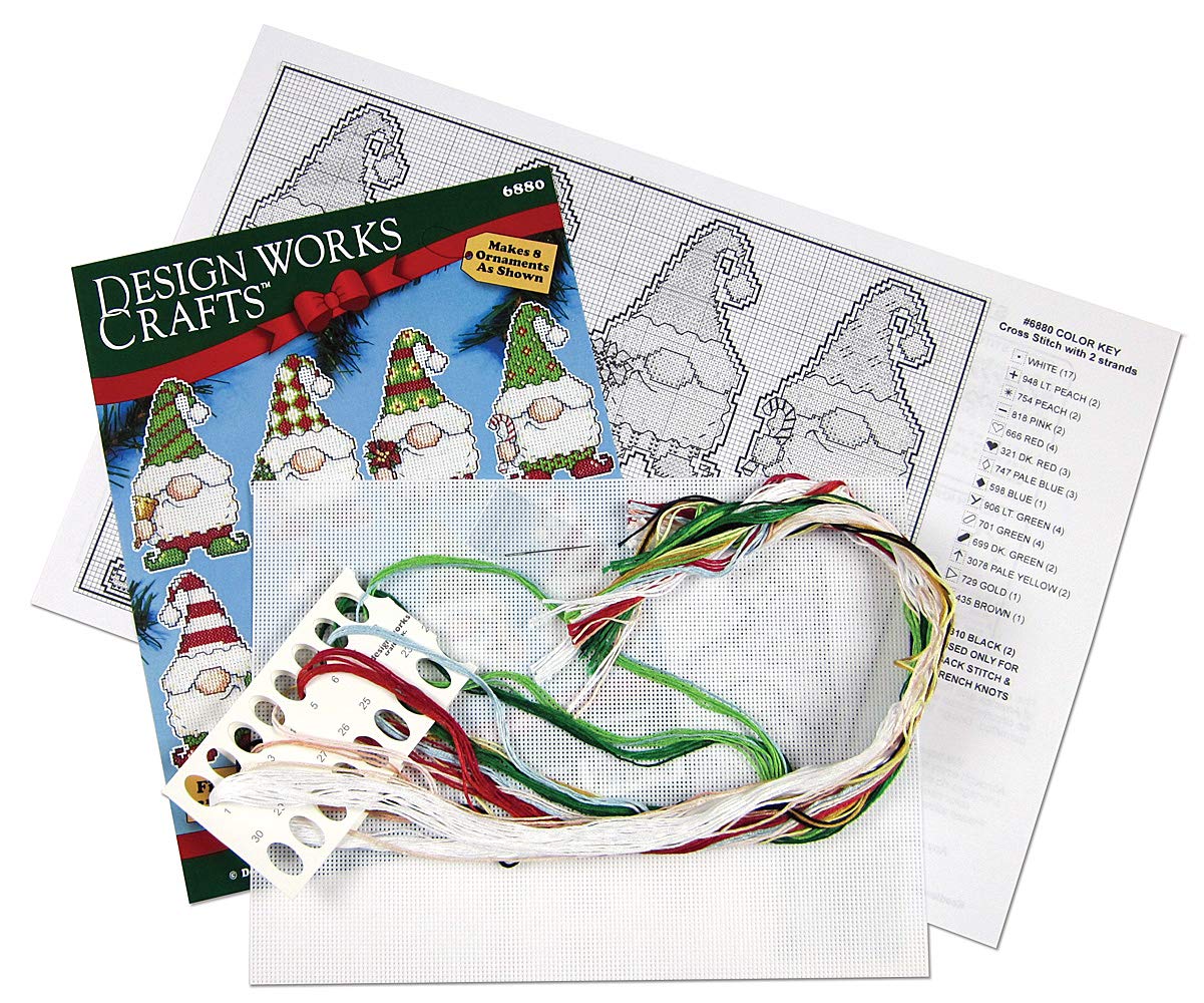 Design Works Crafts Zwerg Kreuzstich-Set – 8 Ornamente, Inkl. Garn & Nadel | Fertiggröße 5,4x10,2 Cm