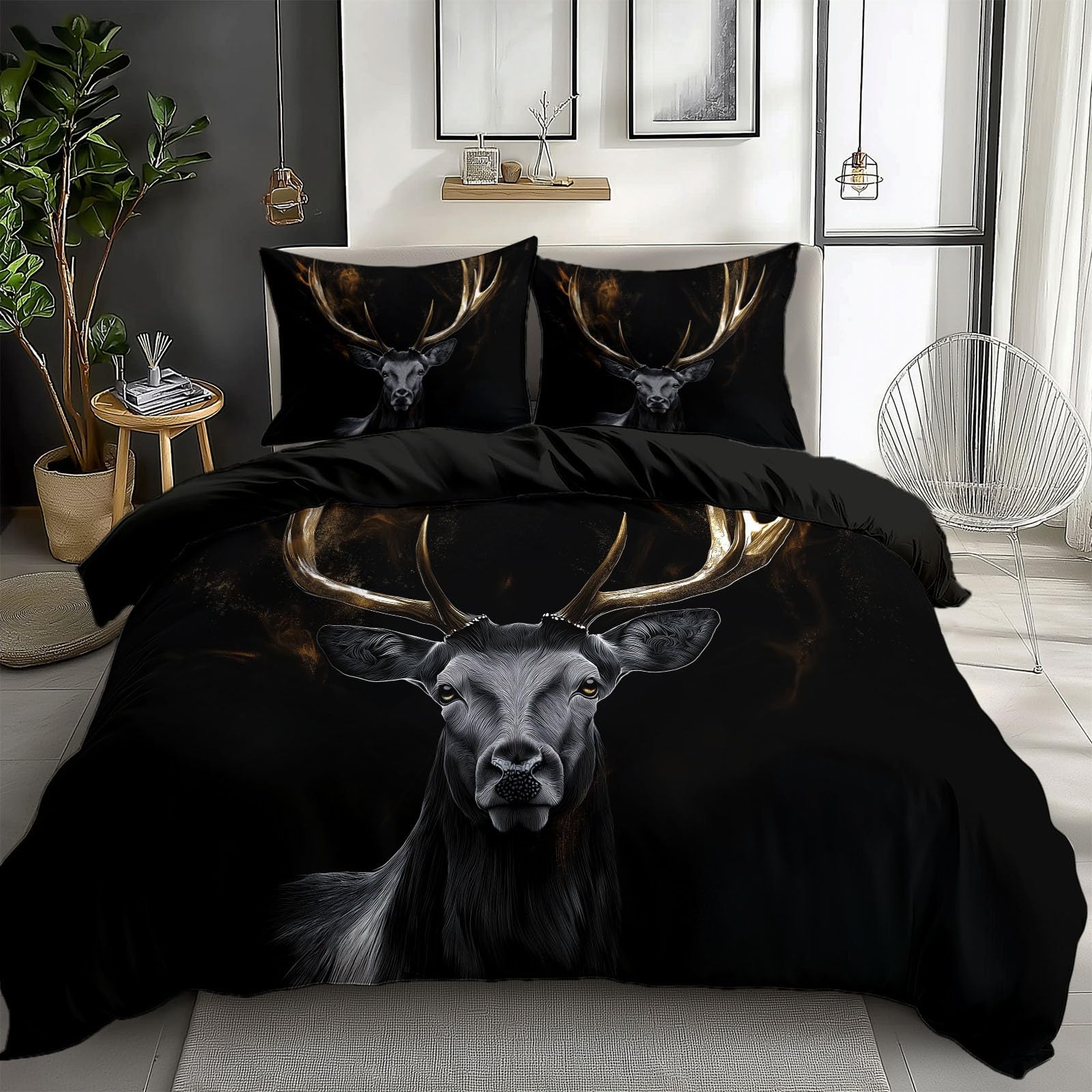 Black Duvet Cover King Size Animal Deer Reversible 3 Pieces Duvet Cover Set, Bedding Set for All Season, Soft and Breathable Bedding with Zipper Closure