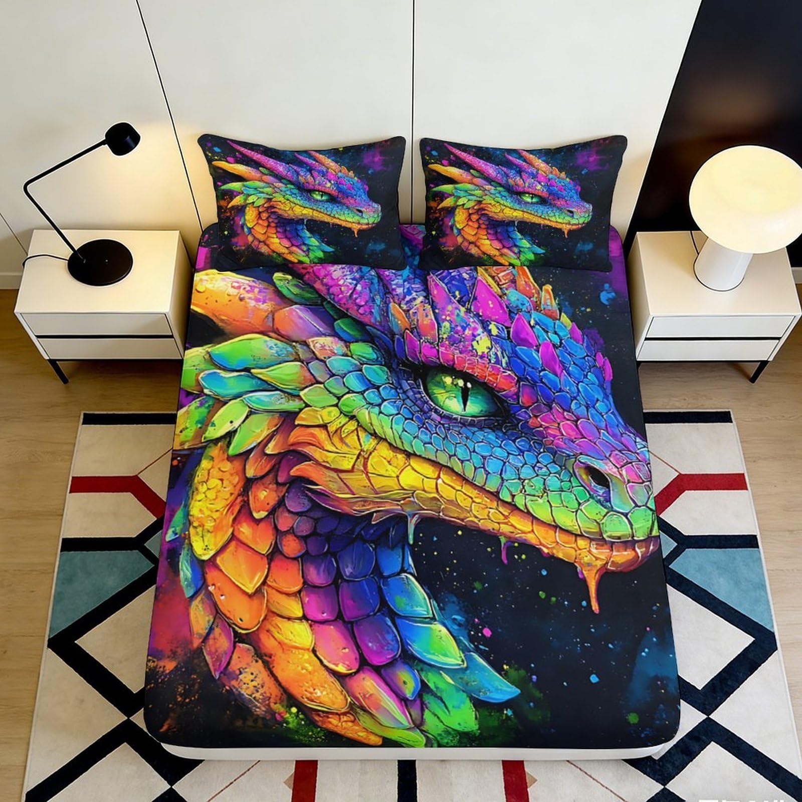 Pnayamiorkfel Style-1 3D Printed Rainbow Dragon Fitted Sheet Microfiber Soft Anti-Slip Fantasy Bed Cover For Bedroom Dorm Mattress Decor 90X200x25cm