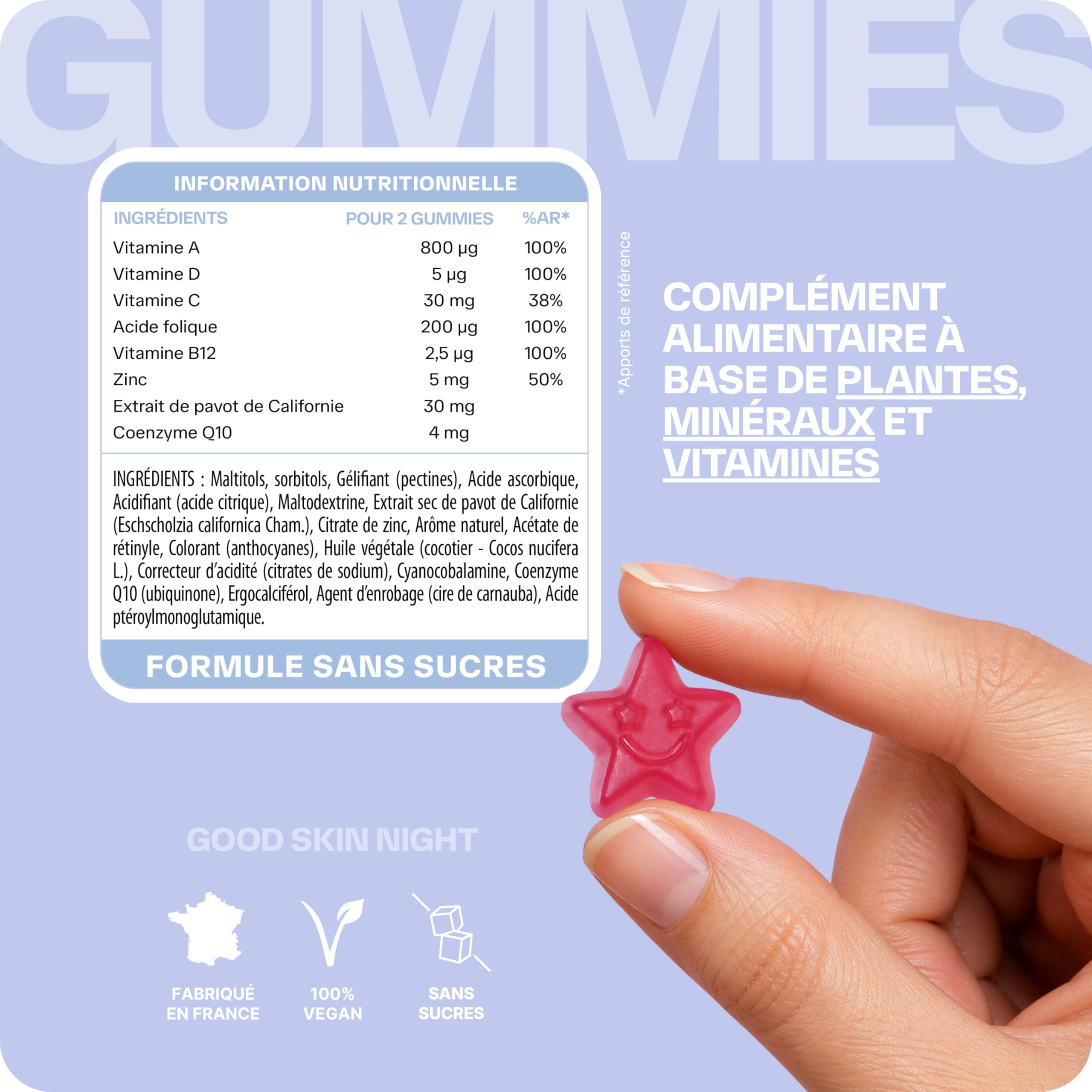 Lashilé Beauty - Complément Alimentaire - Régénérateur de peau pendant la nuit - Good Skin Night - Made In France - Coenzyme Q10 Vitamine A C Zinc - Cure 3 Mois 180 Gummies