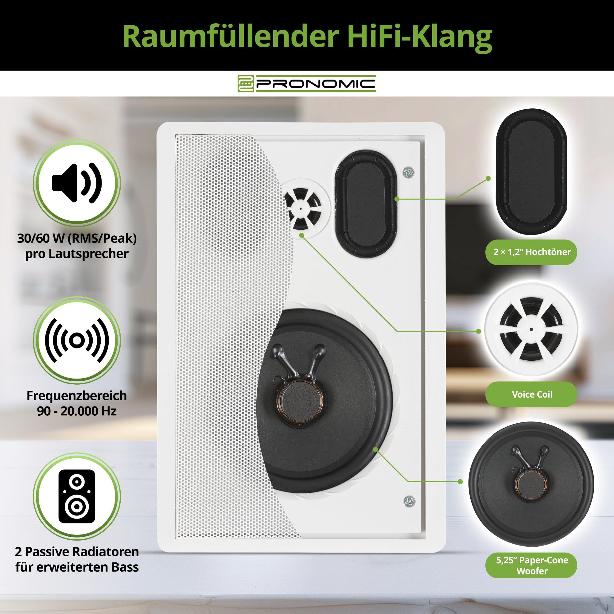 Pronomic FLS-540E WH Set Diffusori Flatpanel da Parete (2 Coppie HiFi Flat Speaker, Cassa 2 Vie, Woofer 5,25"/133mm, Tweeter 1,2"/30mm, 30/60 Watt (RMS/Peak), Connessione a morsetti) bianco