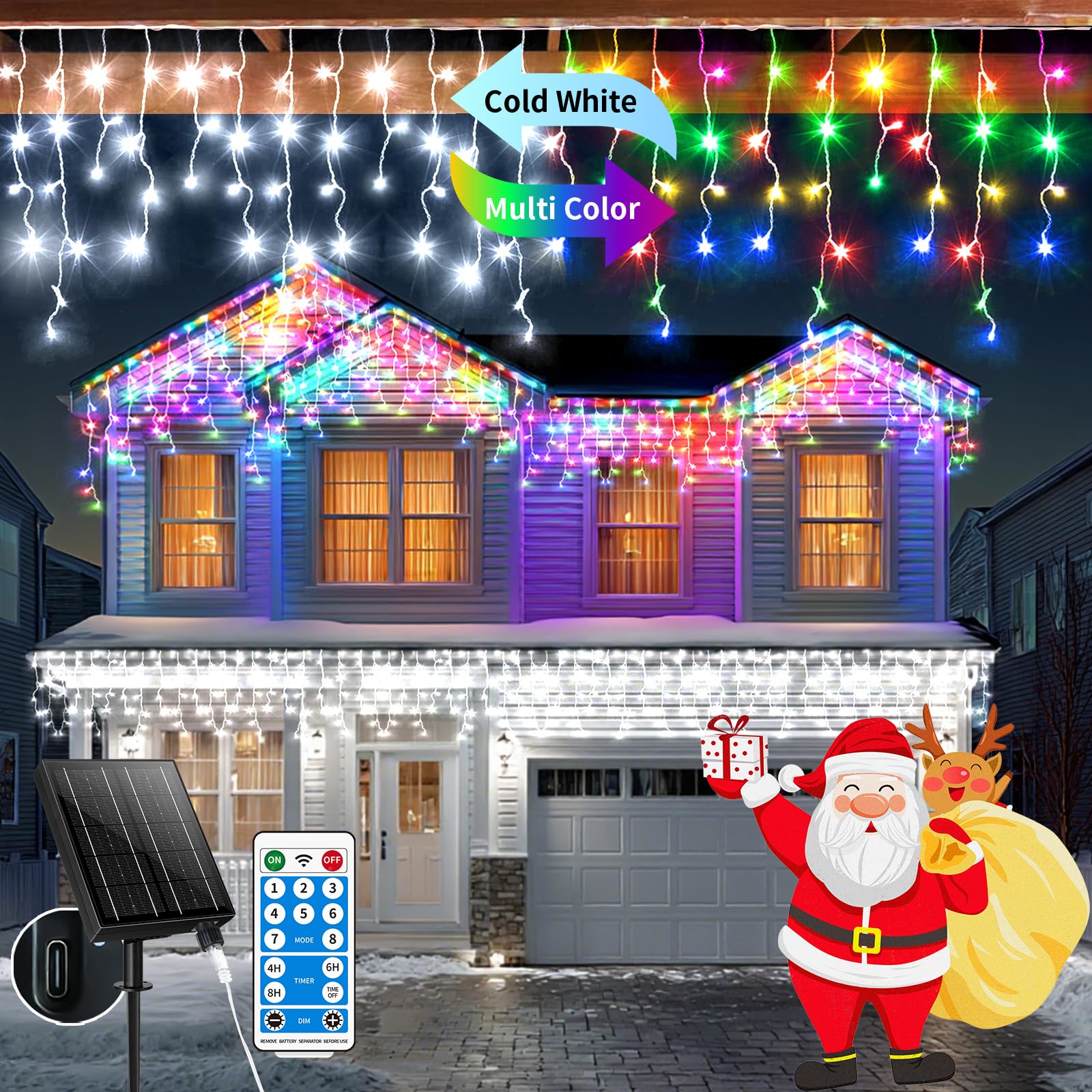 3 IN 1 Eisregen Lichterkette Solar [25m +5m], 2500mAh 660LEDs Weihnachtsbeleuchtung Außen,8 Modi,Erweiterbar, Lichterkette Außen USB-Strom,IP65 Wasserdicht Mit Fernbedienung Timer