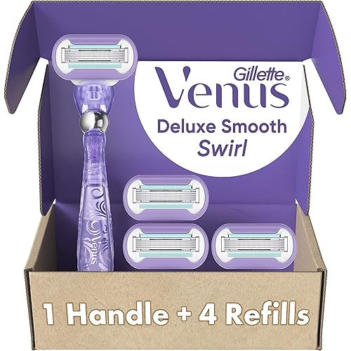 Gillette Venus Deluxe Smooth Swirl Women's Razor Handle + 4 Blade Refills, Flexible Handle and Pivoting Head, Holiday Gifts for Women