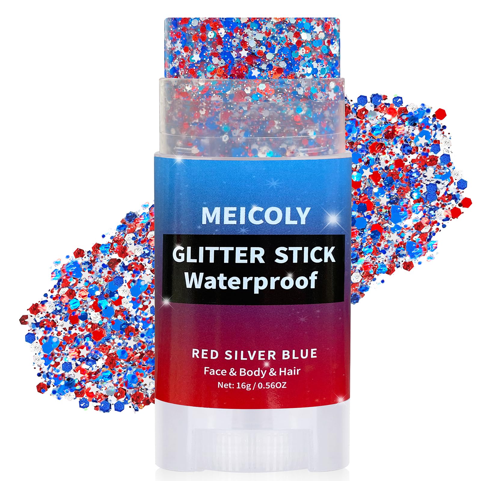MEICOLY 4th of July Hair Glitter Stick,Red White Blue Face Glitter Stick with Star,Fourth of July Patriotic Accessories Outfits for Women,Independence Day Body USA Soccer Glitter Rave Makeup