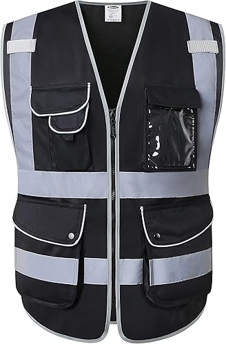 JKSafety - Chaleco de seguridad multifuncional con 9 bolsillos con cremallera frontal y tiras reflectantes que cumple con las normas ANSIISEA