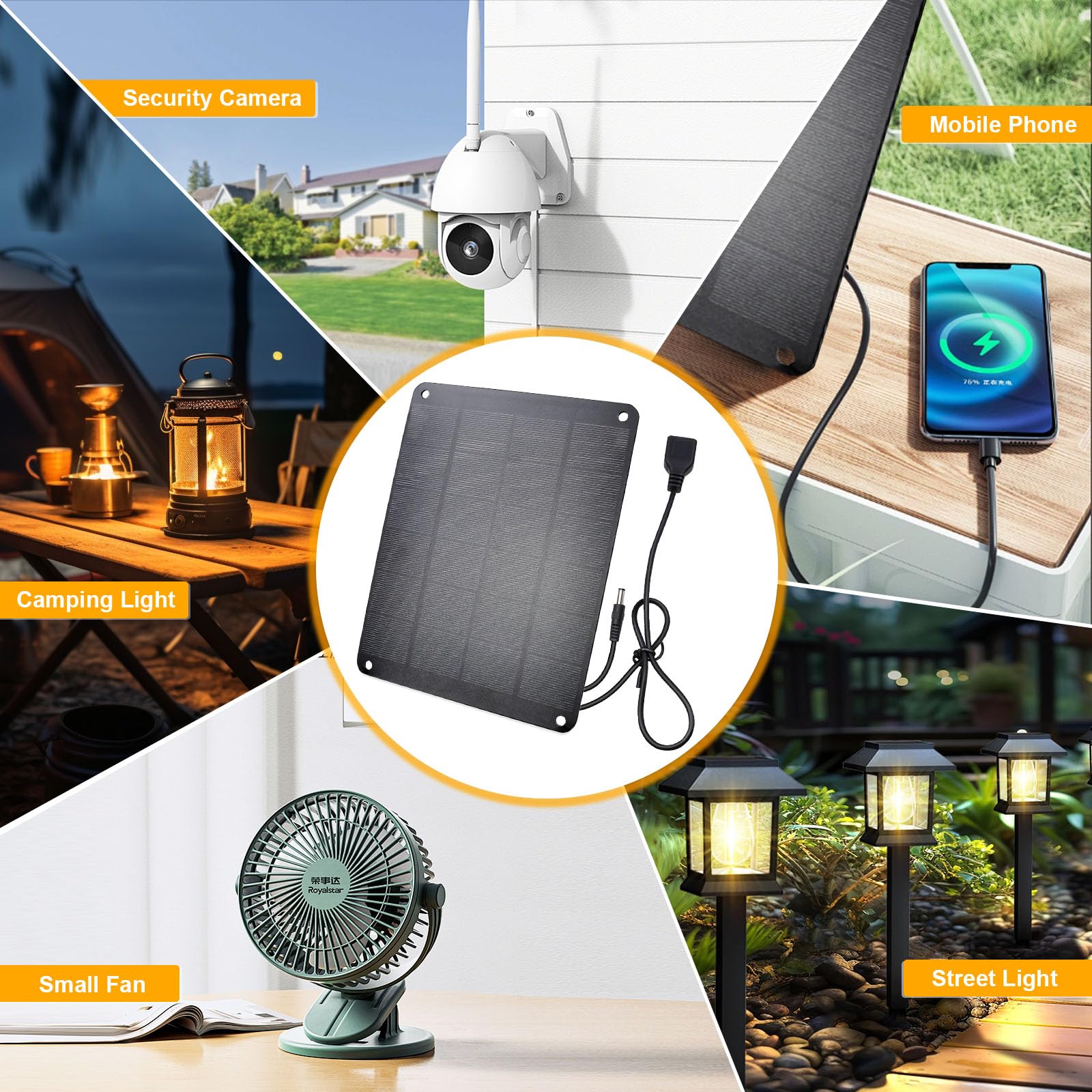 Panel solar de 5 V 6 W (paquete de 2), monocristalino impermeable con cable macho CC, cargador solar USB de 5 V y cable hembra a hembra para cámaras de seguridad al aire libre, ventilador pequeño,