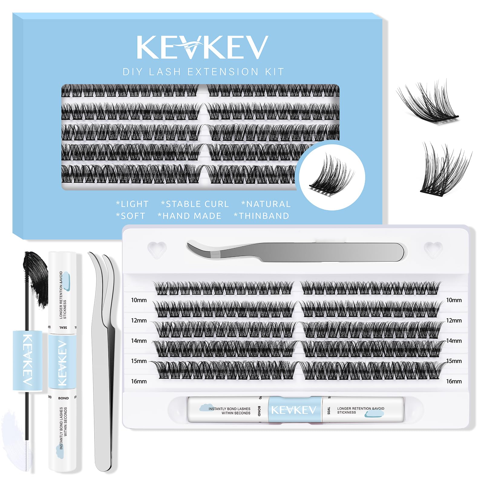 KevKev DIY Kit de Extensiones de Pestañas 120 Mechones Pestañas Individuales con Aplicador y Pegamento y Sellador de Pestañas (Kit Océano, D-10-16mix)