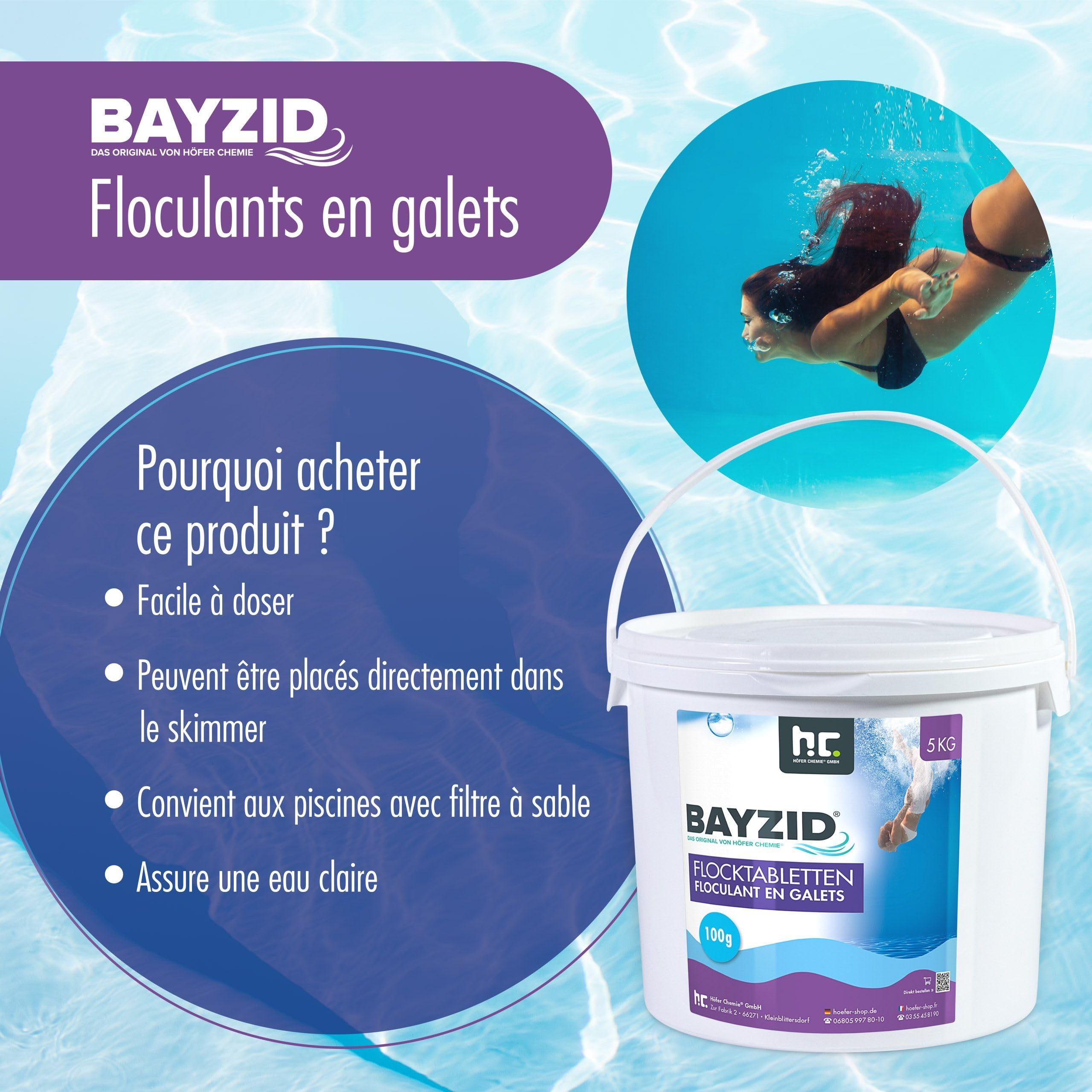 Höfer Chemie BAYZID® 1 x 5 kg Floculant en Galets (100g) pour Piscine – Élimine Les Impuretés Facilement, Galets à Dissolution Progressive pour Filtration à Sable, Eau Claire et Cristalline