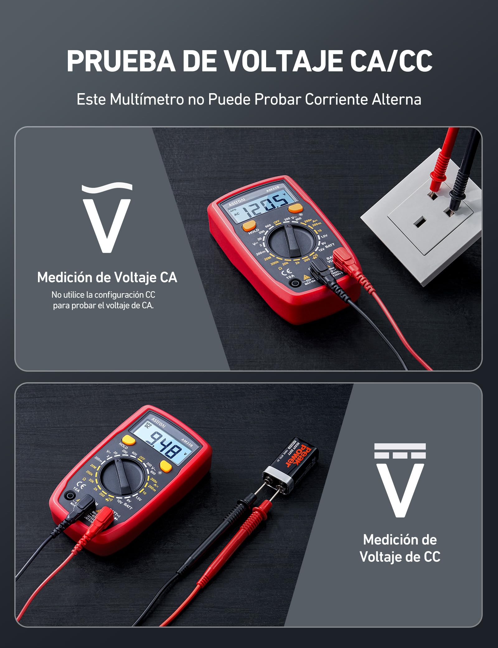 AstroAI Multímetro Digital, Polímetro Profesional, Voltímetro, Tester Electricista, Multimeter para Corriente CC, Voltaje CA/CC, Resistencia, Continuidad y Diodos de Prueba, Negro - 3