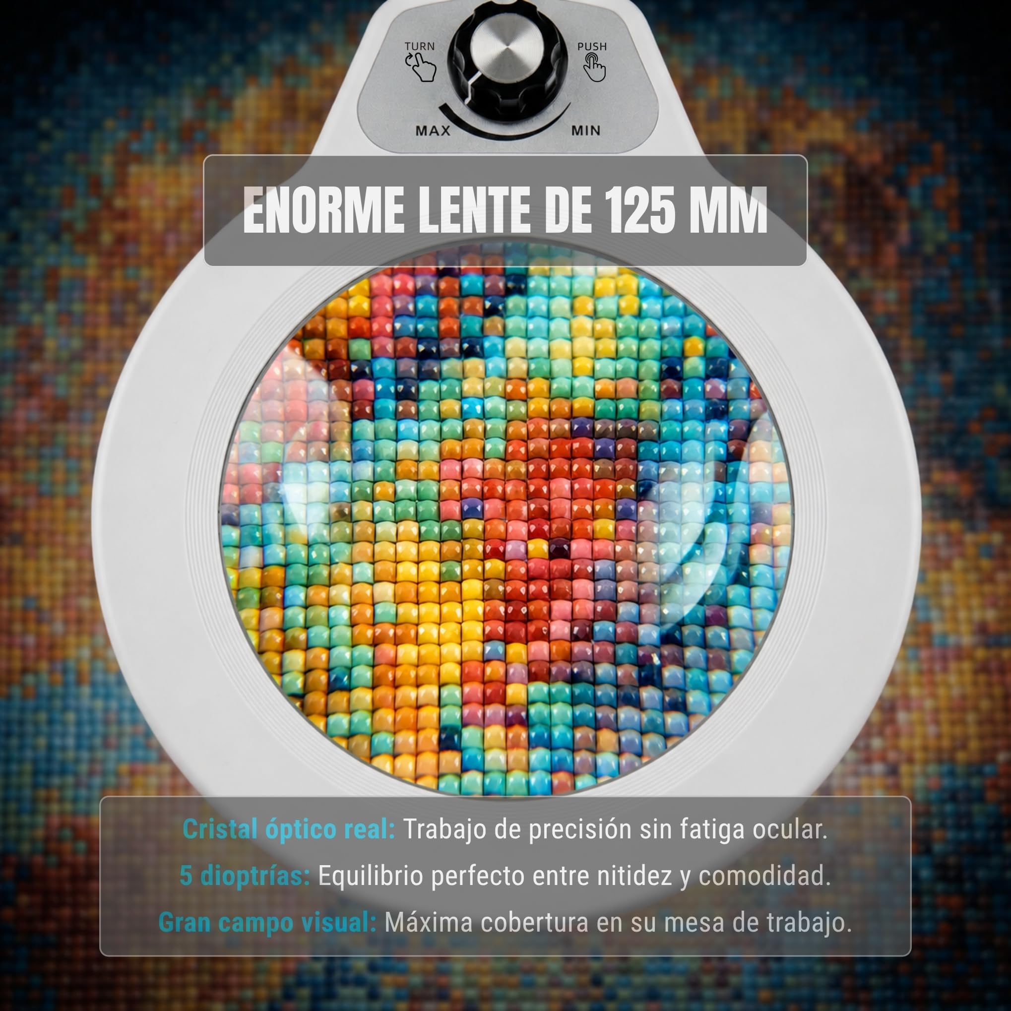 Lámpara Lupa con Pinza de Sujeción, Gran Lente de Cristal 5D | Lente de 12,5 cm, 100 LED, 5 colores, brazo 1 m, fuente 12V, mordaza 6,4 cm, estética, lectura, trabajo de detalle