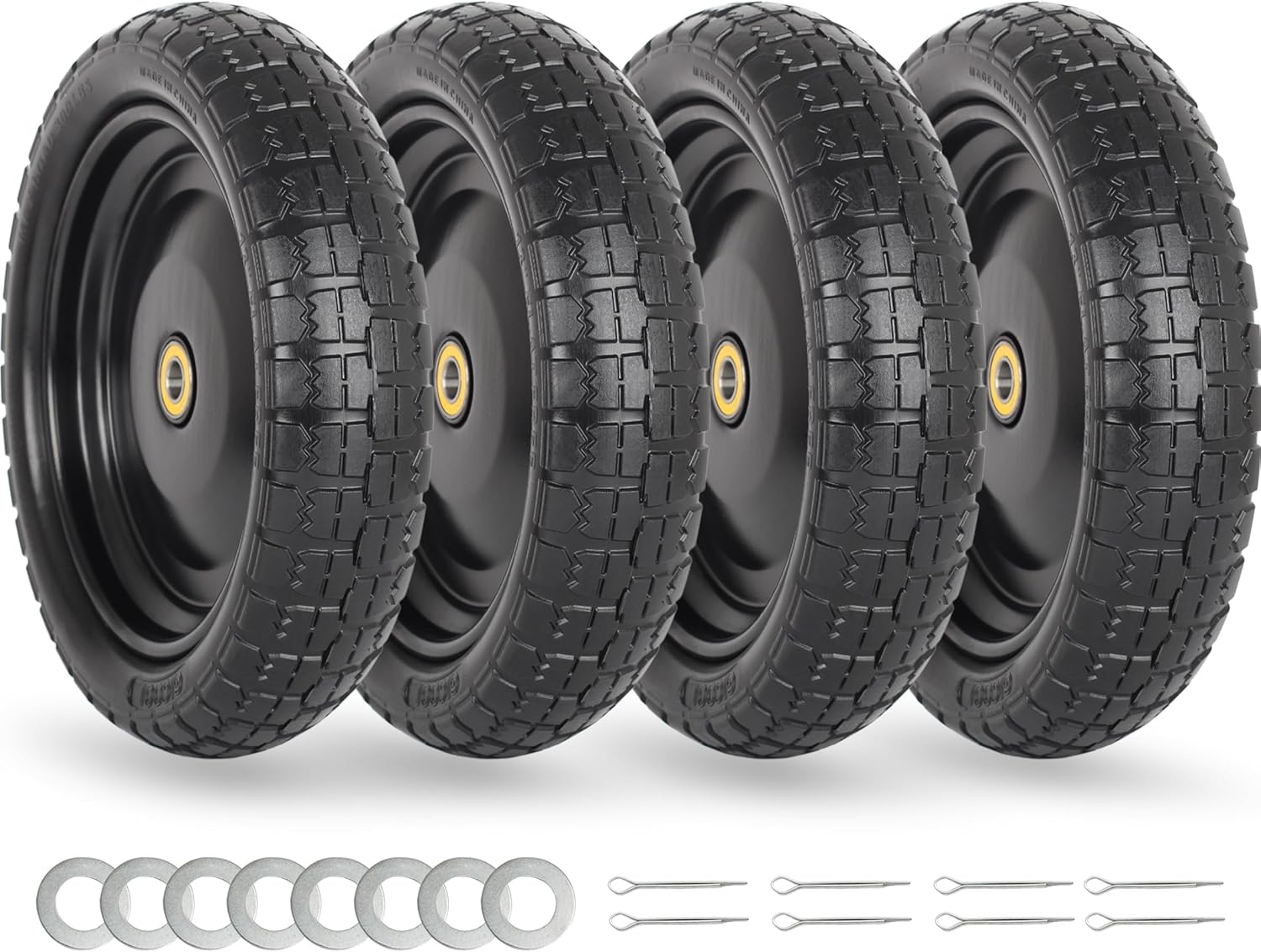 13" Flat-free Solid Tire and Wheel Replacement, with 5/8" Axle Bore Hole, 2.2" Offset Hub for Wheelbarrow Garden Wagon Trolley Dolly (4-pcs)