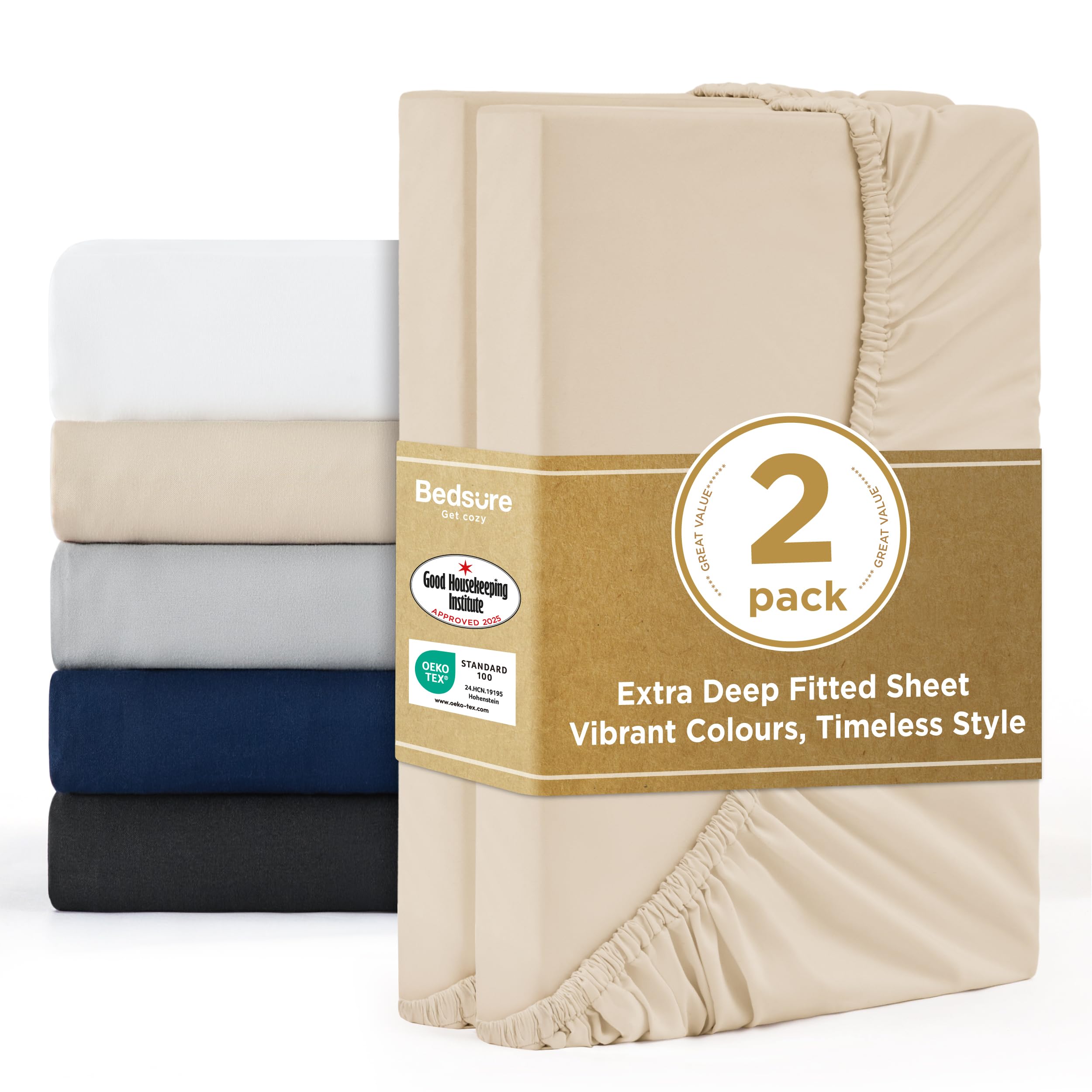 Bedsure Small Double Fitted Sheet - 2 Pack Bed Sheets Extra Deep Pocket 16 inch (40 cm) made of Soft Brushed Microfiber for Small Double Bed, 120x190cm, Beige โ image 1
