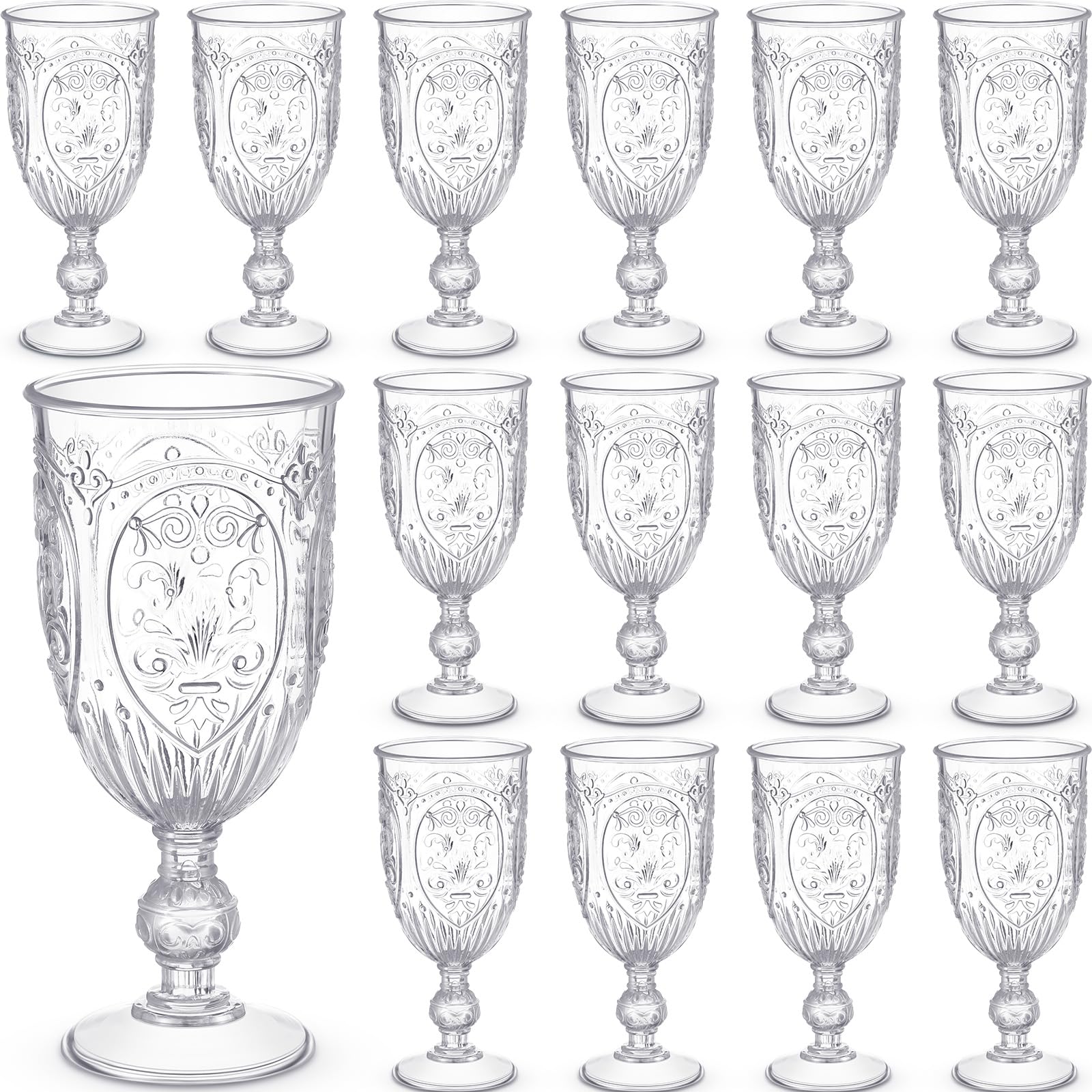 Photo 1 of 24 Pcs Vintage Wine Goblet Colored Water Goblets Plastic Wine Glasses Retro Embossed Glassware Water Goblets for Wine Bar Juice Baby Shower Wedding Reception Grand Event Party (Clear) Clear 24