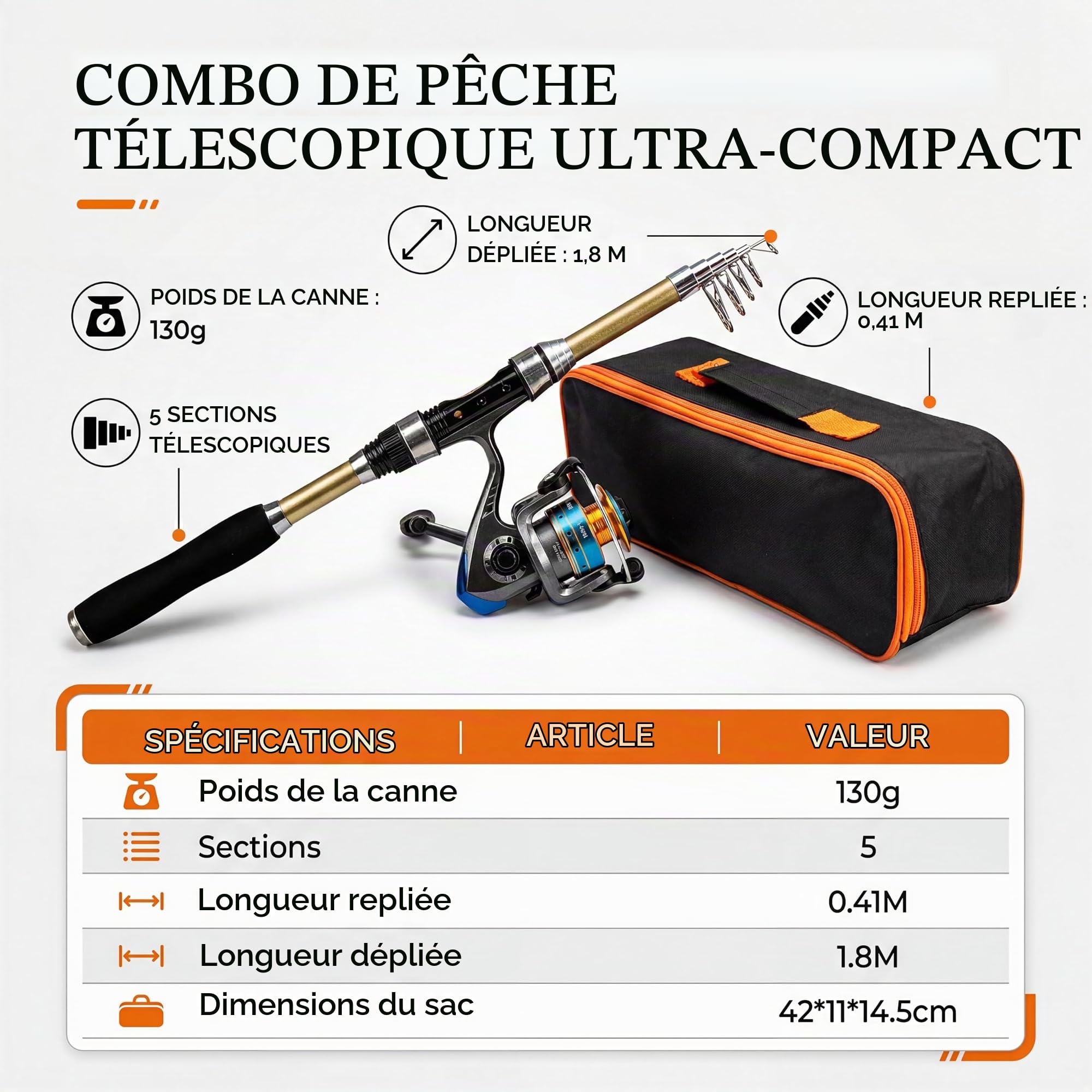 Kit de canne à pêche télescopique avec moulinet, canne à pêche en fibre de verre, kit de pêche complet avec ligne de pêche, appât et sac de transport, kit de pêche portable de voyage pour eau douce et