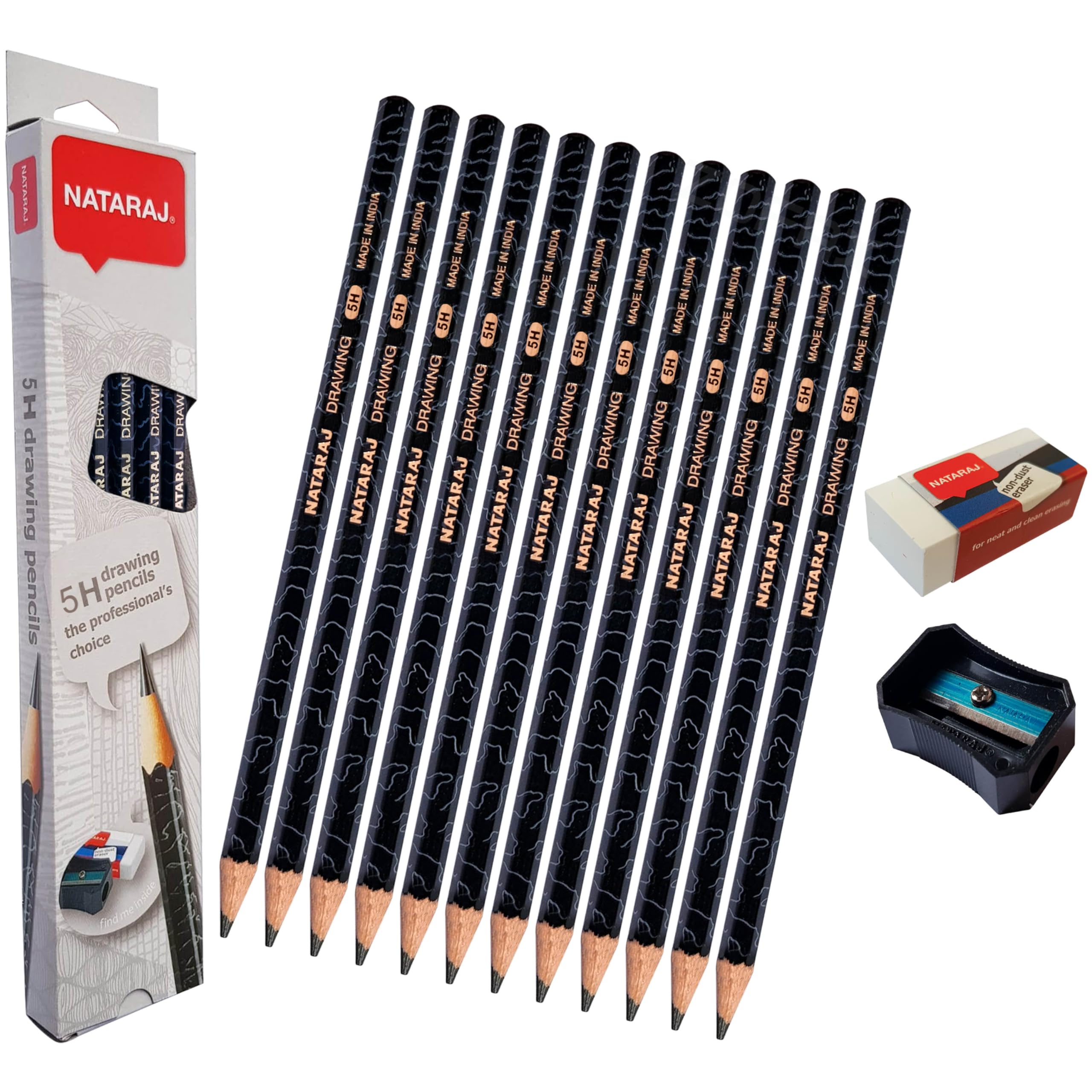 NatGrad Drawing Pencils Sharpener Eraser Pack, 5H Graded, Pack of 12, Professional Artists Graphite Lead Pencils, Perfect for Sketch Shade Write Tone Draft Draw, iZOFAX