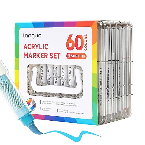 languo 60 Colors Acrylic Paint Markers Pens Set, Soft Brush Tip Markers with Fast Drying & No-Bleed Ink, Acrylic Paint Pens for Rock, Wood, Egg, Ceramic, Fabric Painting, Art Supplies and DIY Crafts - 60 Colors