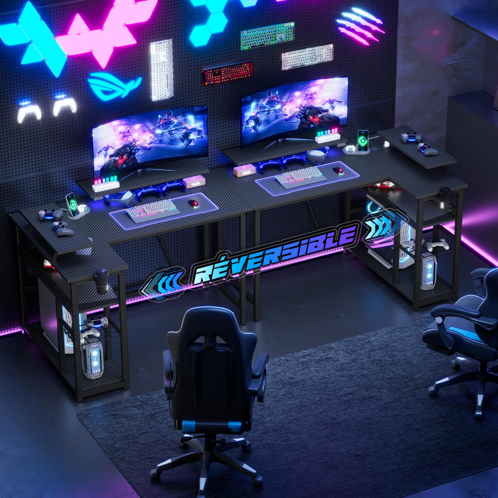 Devoko Bureau Gaming, L-Shape 120x80cm avec Double Support Écran, LED, Plateau Réglable et Fibre de Carbone Noir