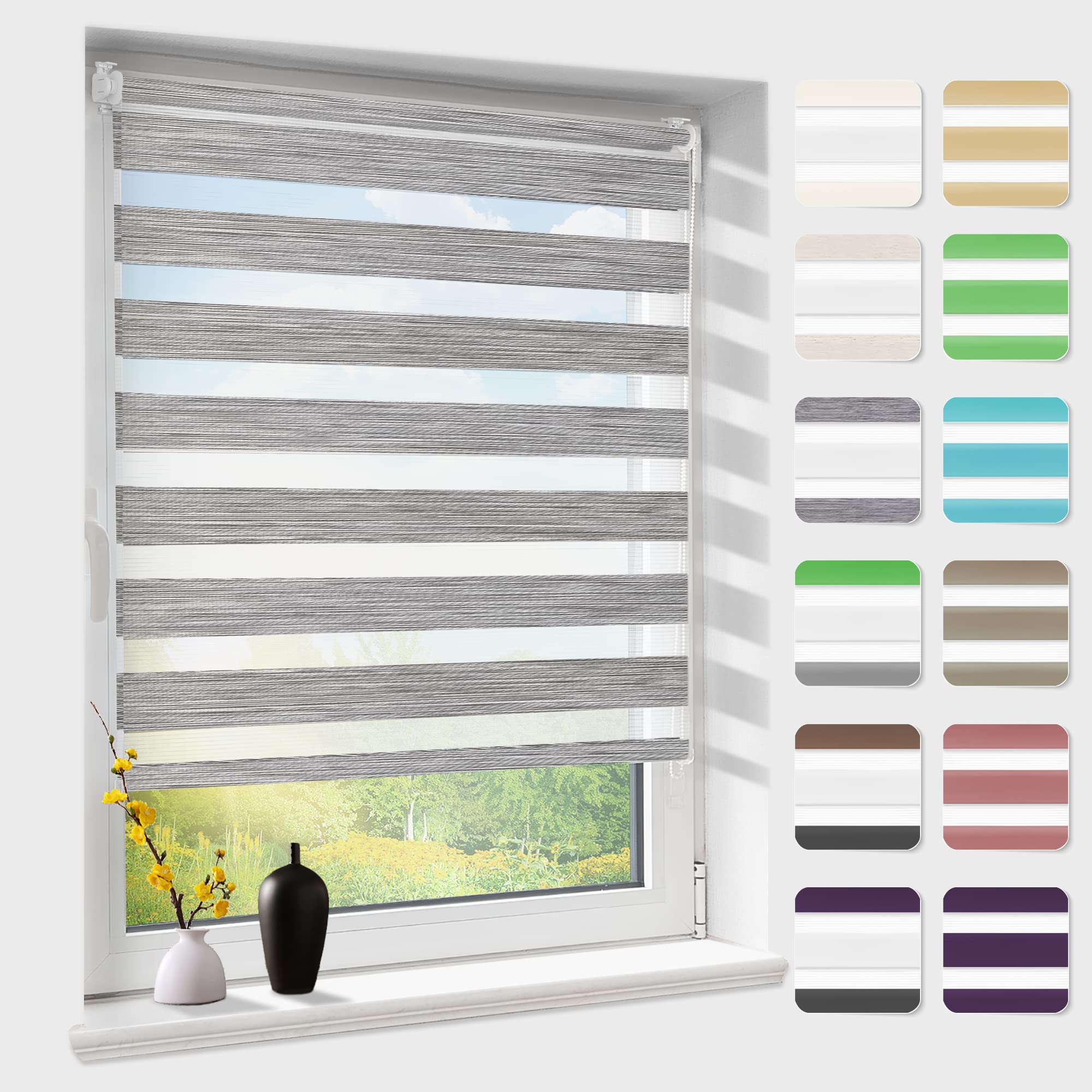 Doppelrollo klemmfix ohne Bohren, Duo Rollos für Fenster & Tür mit Bohren, Dunkelgrau B55 x H150cm (Stoffbreite 55 cm), Fensterrollo lichtdurchlässig & verdunkelnd, Klemmrollo Sonnenschutz