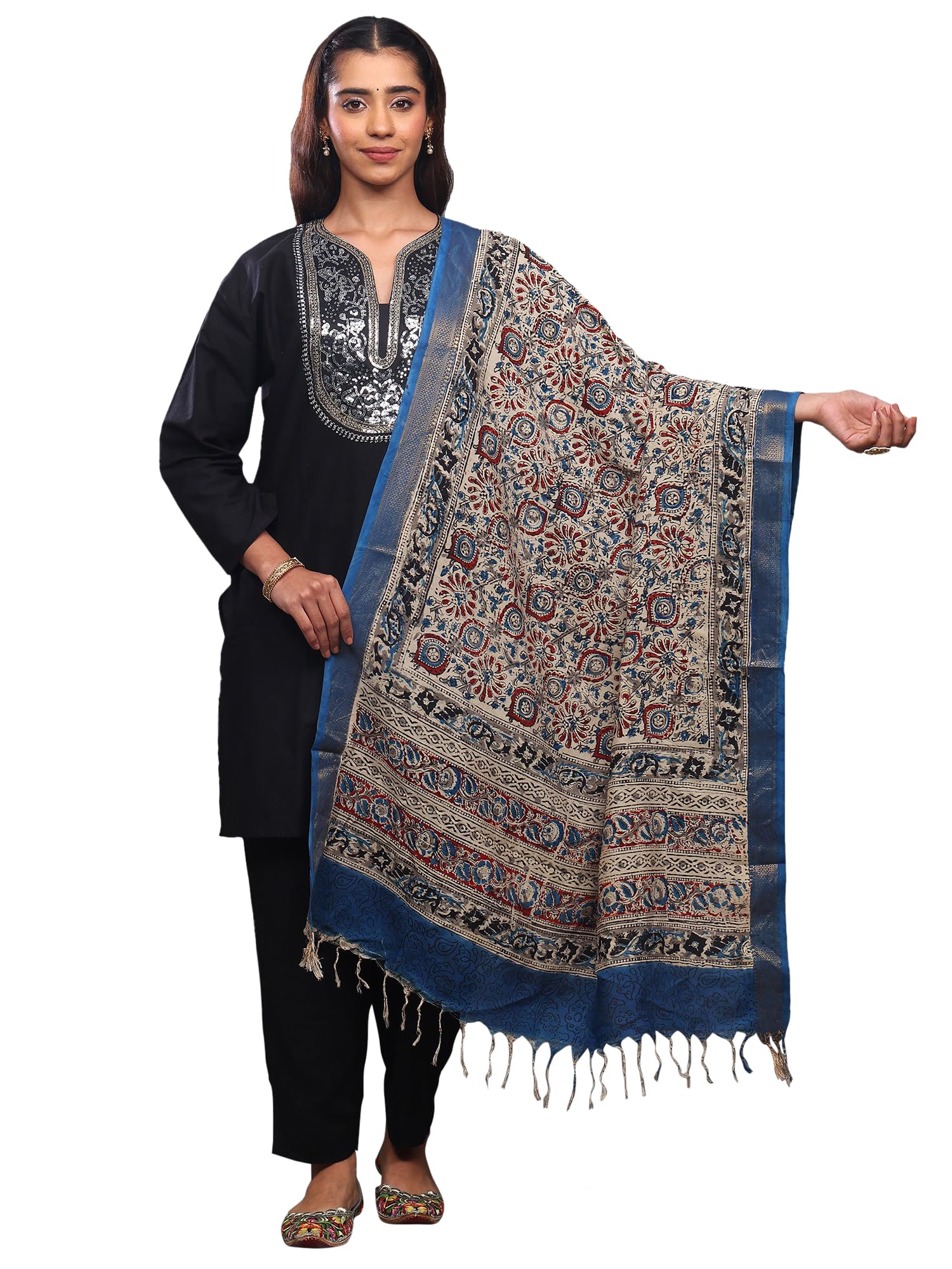 exotic india Women's Art Silk Kalamkari Dupatta with Zari woven Contrast Border | Printed Flowers-Leaf Design Stole, Dupatta for Wedding-picture-37
