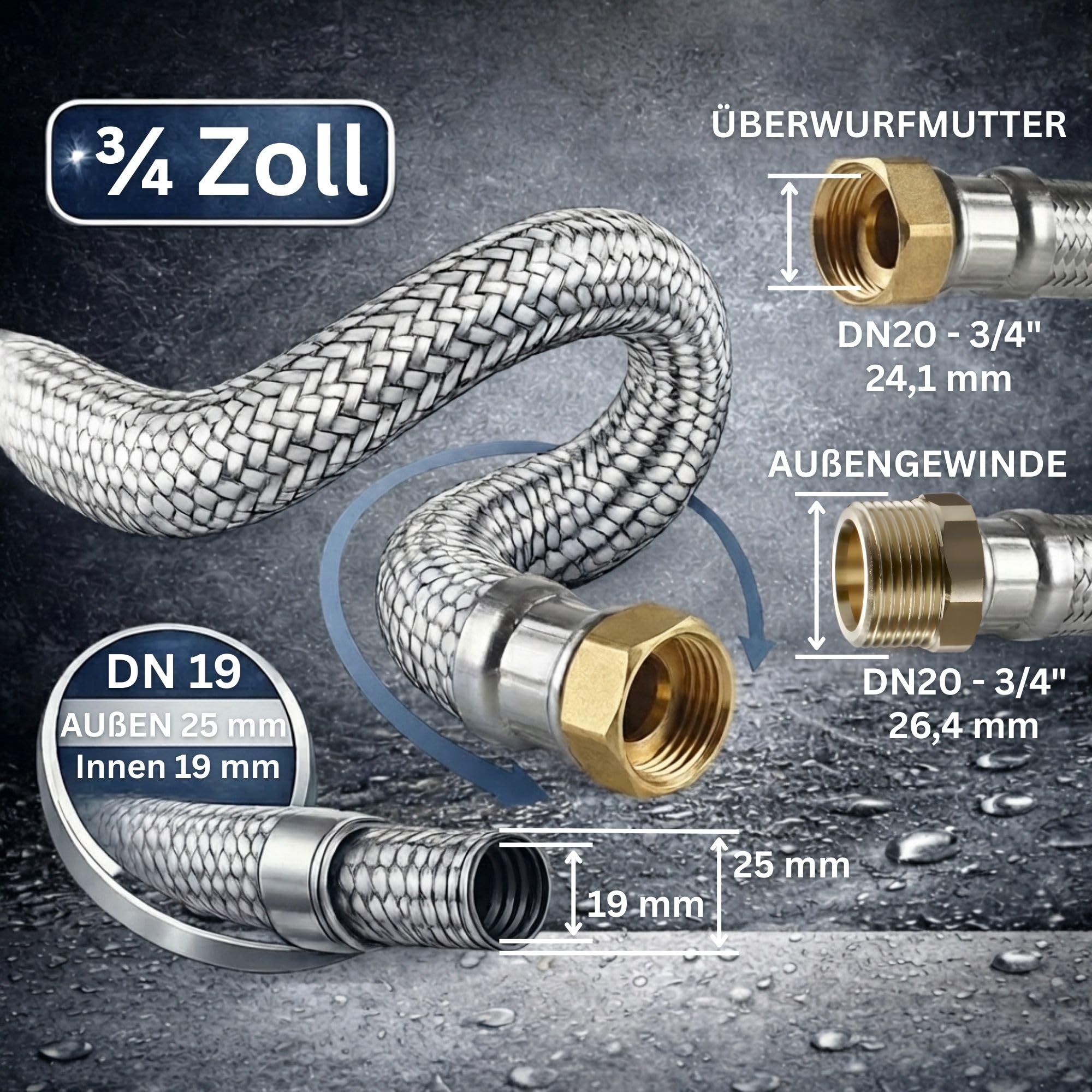 DVGW gep. Panzerschlauch 3/4 Zoll DN20 DN19 Edelstahl Flexschlauch Wasseranschluss Heizung Enthärtungsanlage mit Edelstahlumflechtung | 150 cm Überwurfmutter x Außengewinde