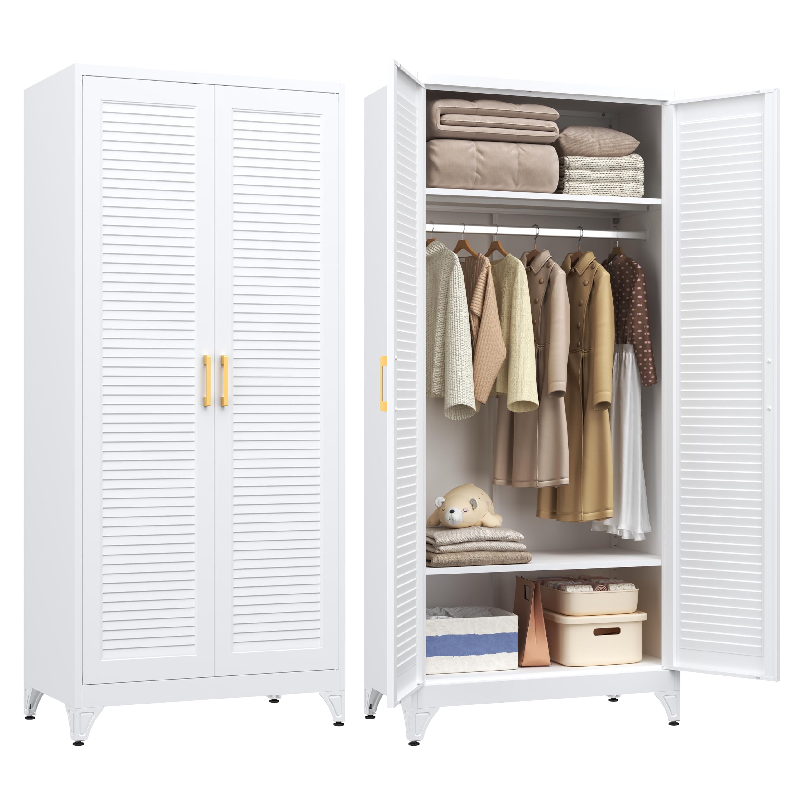 Steeloong 71"Armoire Wardrobe Close,White Wardrobe Cabinet with Hanging Rod