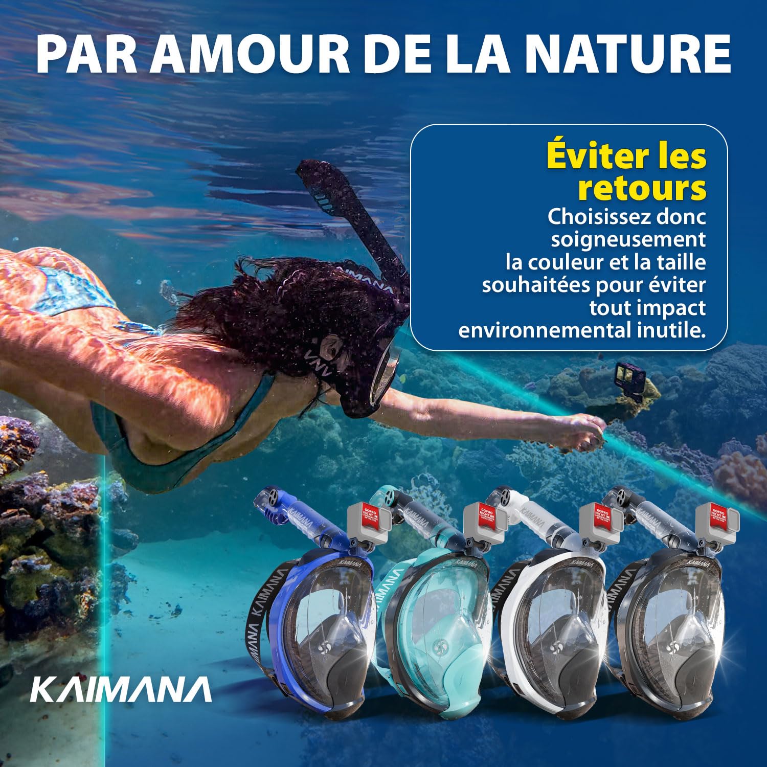 KAIMANA® Masque Plongée Adultes et Enfantes | Snorkeling Intégral Anti-Buée CO2 Safe | Tuba Adulte | Sac de Transport Inclus