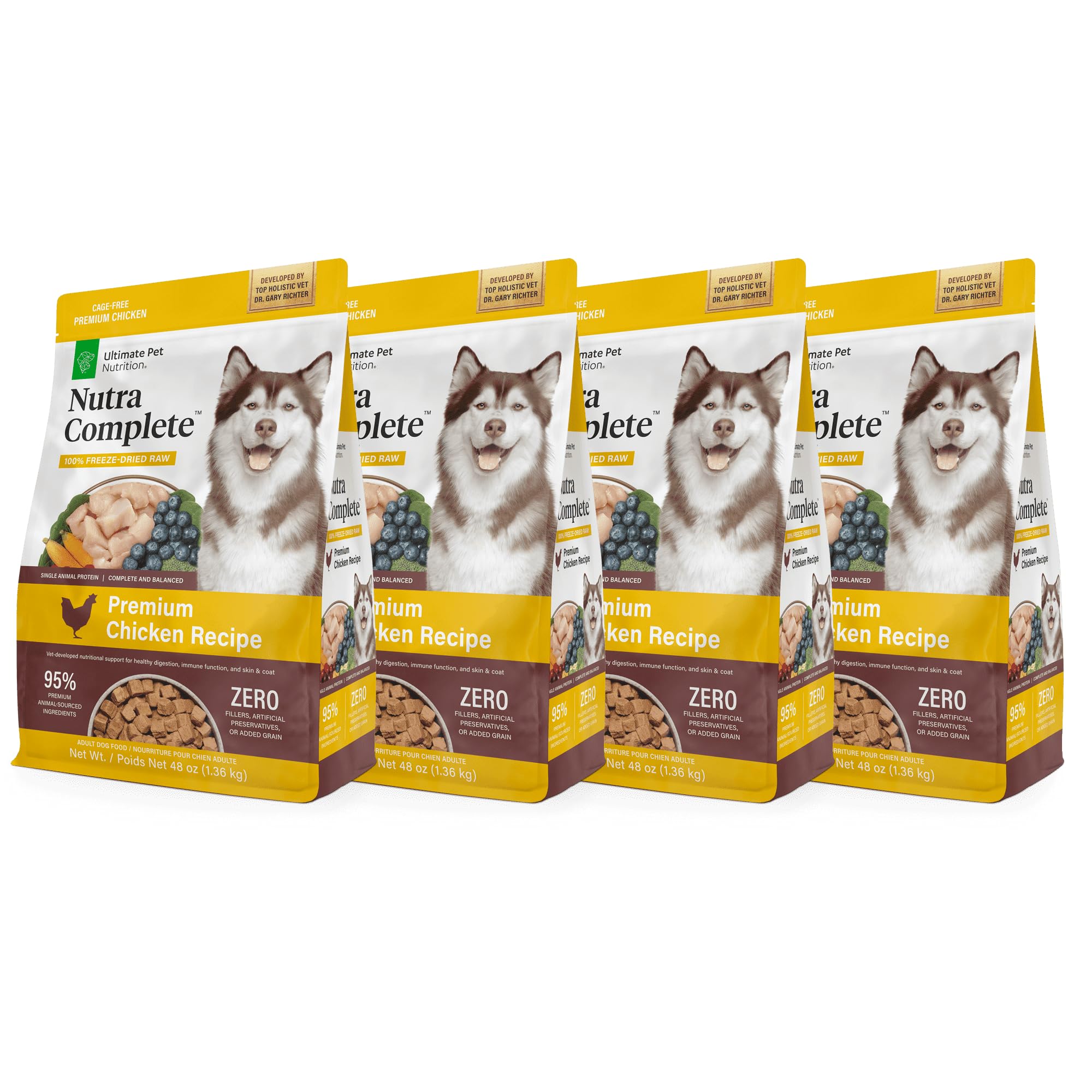 ULTIMATE PET NUTRITION Nutra Complete, 100% Freeze Dried Raw Veterinarian Formulated Dog Food with Antioxidants Prebiotics and Amino Acids (3 Pound (Pack of 4), Chicken)