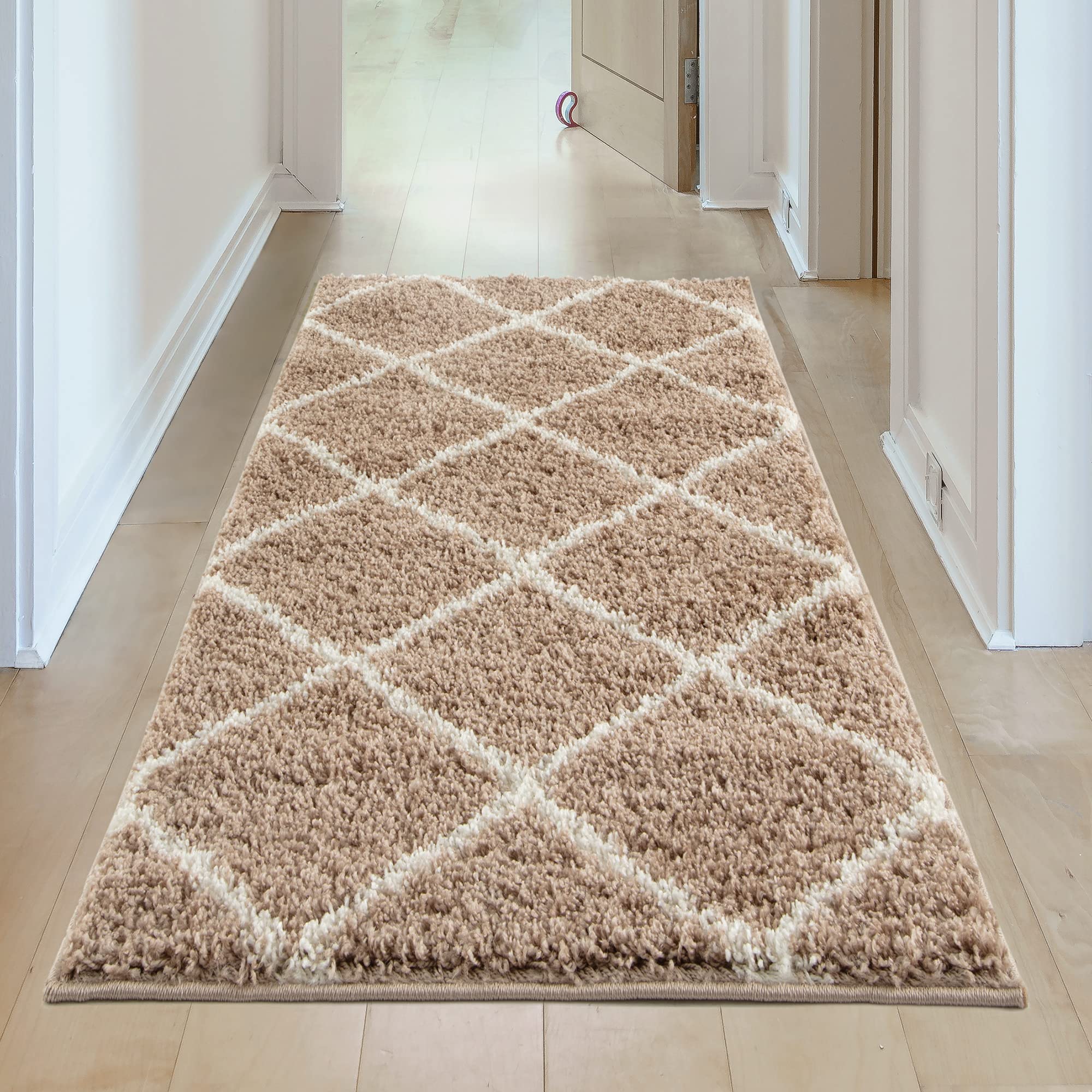 THE RUGS Shaggy Rug, Modern Moroccan Design Rugs for Living Room Bedroom, Hallway, 3 cm Thick Area Rugs, (Diamond Beige/Ivory - Image 3