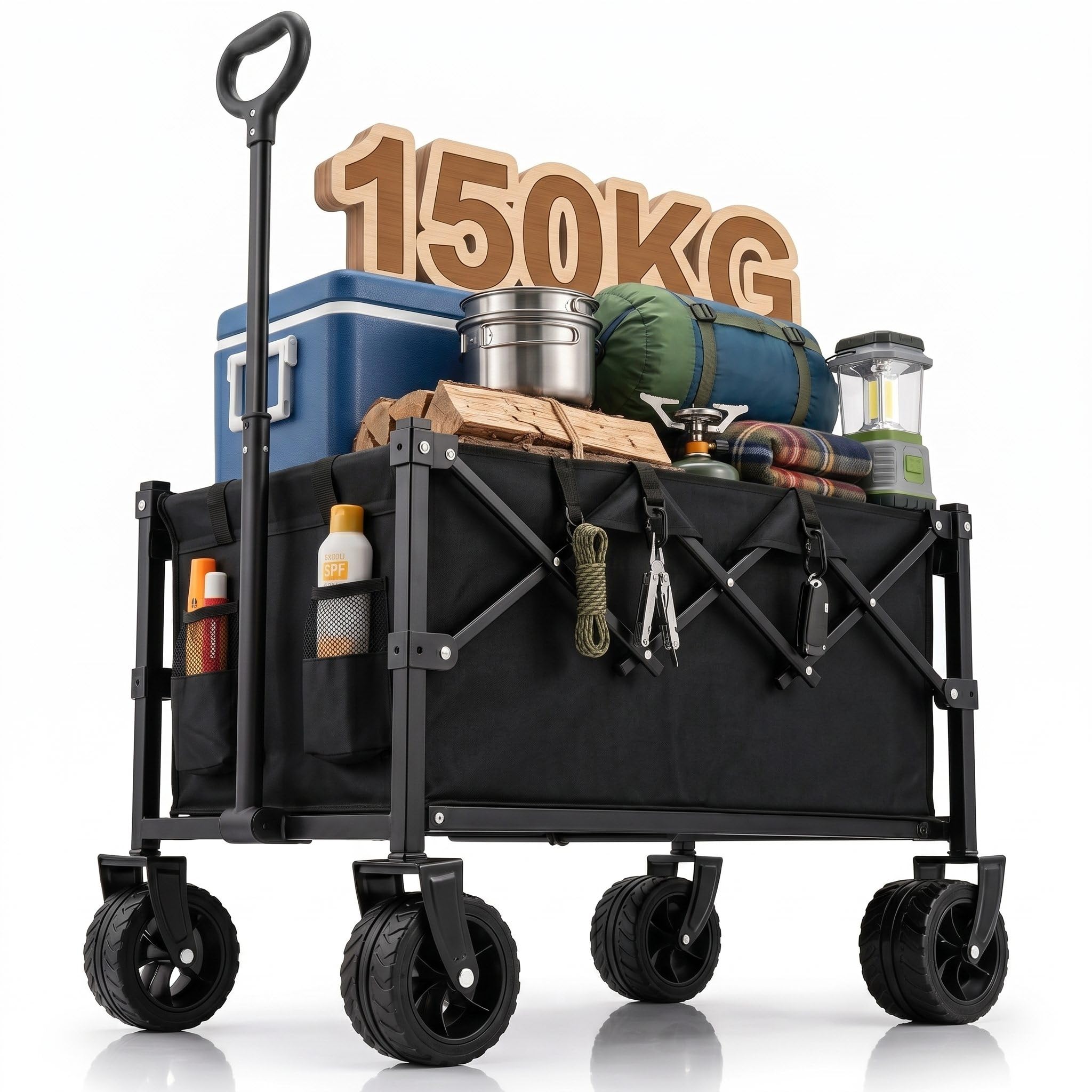 Chariot de transport pliable avec roues tout-terrain et poignée | Chariot d'extérieur robuste avec tissu Oxford, idéal pour le camping, la plage, le jardinage et les courses