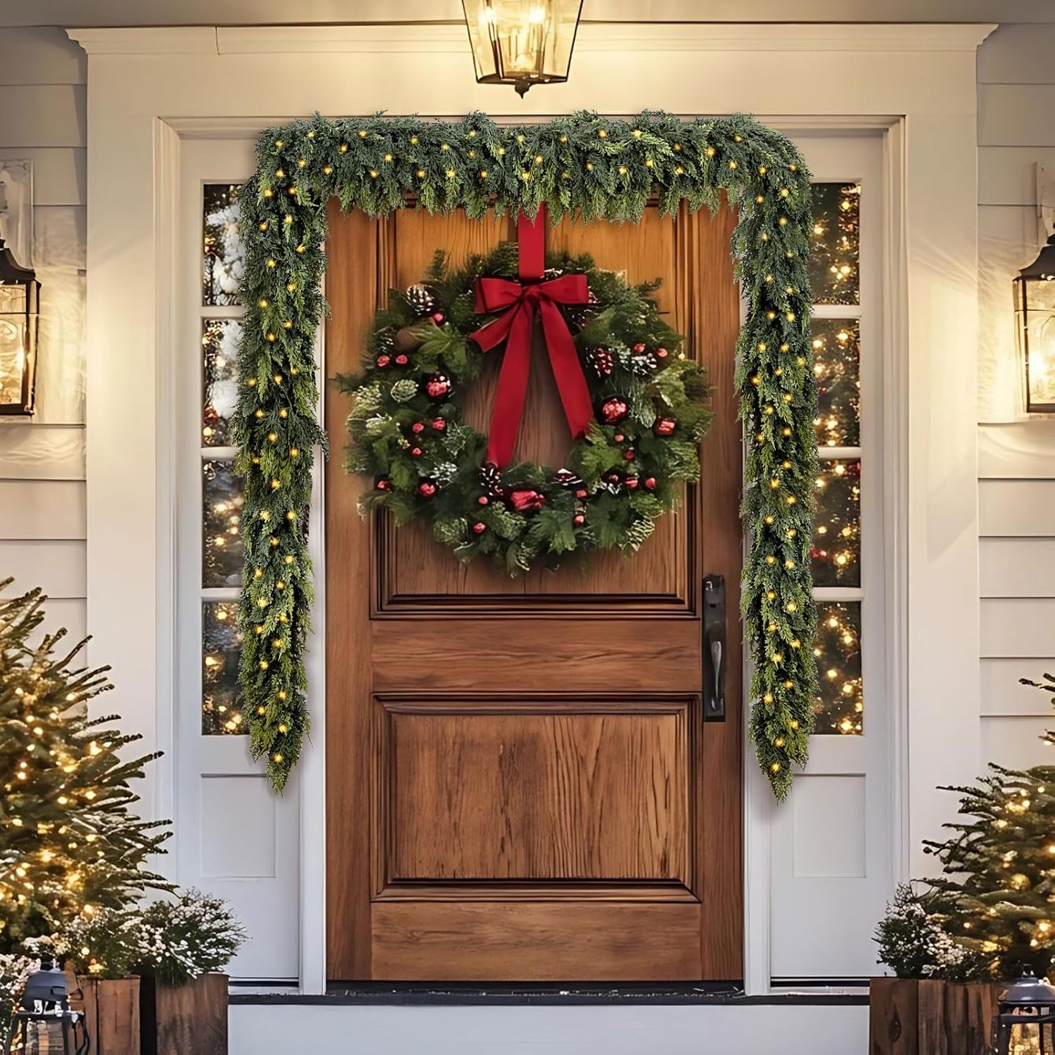 9FT Artificial Cedar Christmas Garland with 120 LED Lights - Real Touch Winter Pine Garland, Green Artificial Greenery Garland for Table, Mantle, Wall, Indoor, Outdoor Christmas Decorations