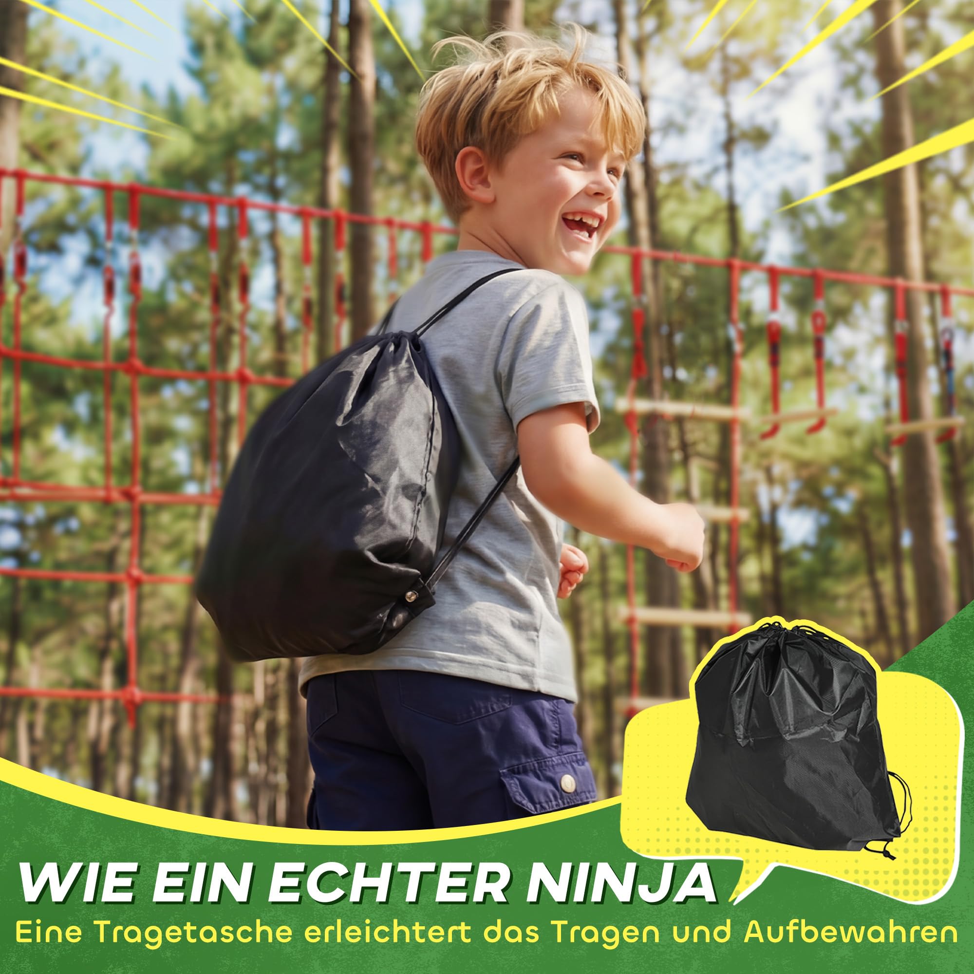 AIYAPLAY Ninja Line Kinder 10m Slackline Set mit Slackline, Turnringe, Schaukel, Kletterleiter, Kletternetz, Kletterseil, Reckstange, Outdoor Spielset Ausrüstung für 3-6 Jahre Kinder Rot