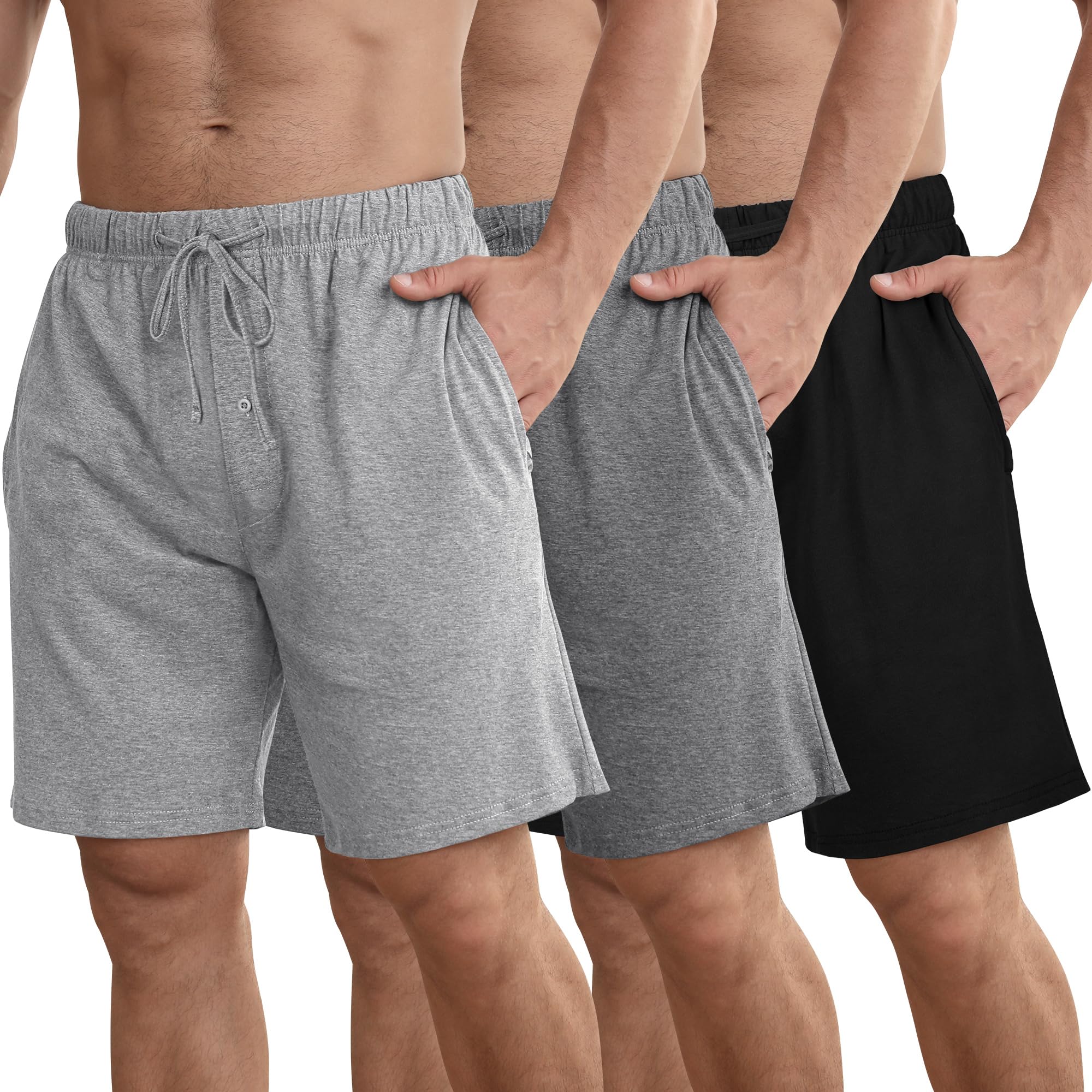 ihu 3 Pack Men's Cotton Pajama Shorts, Soft Sleepwear & Lounge Bottoms with Drawstring & Pockets Sleep Shorts for Men-picture-26