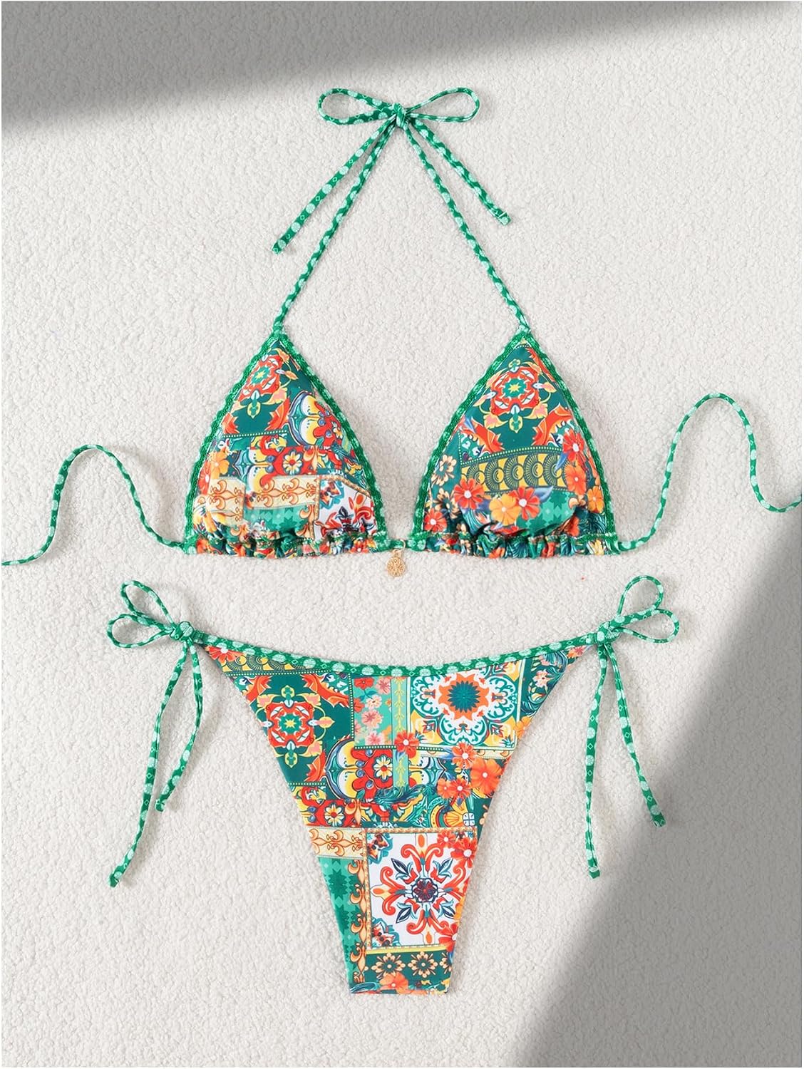 BEAUDRM Women's 2 Piece Boho Bikini Set Triangle Thong Bikini Halter String Bathing Suit High Cut Cheeky Swimsuit