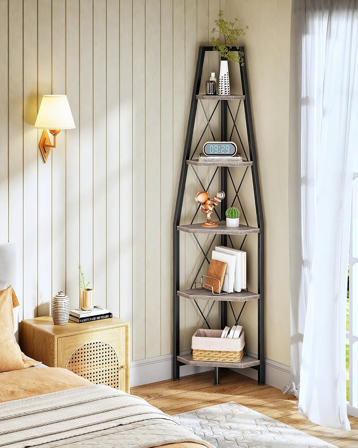 CHOEZON 5-Tier Corner Shelf, Corner Bookshelf, Ladder Shelf, Floor Standing Storage Rack, Open Display Stand, Plant Stand, for Living Room, Bedroom, Study, Bathroom, Greige and Black TCJ22BG