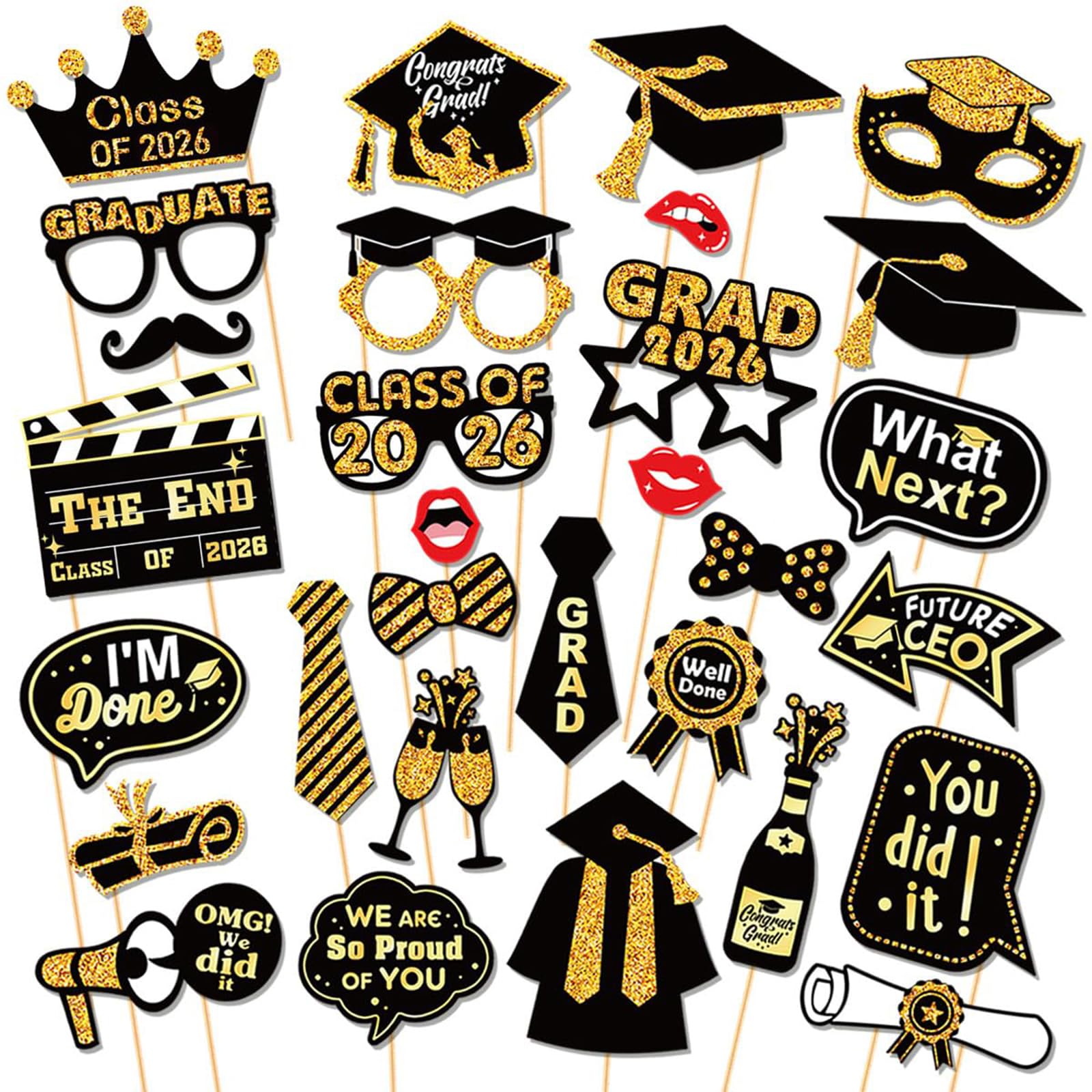 Yunvisty Black, Gold, Accent 30Pcs Graduation Party Decorations Class Of 2026 Photo Booth Props “Congrats Grad!” Caps, Glasses, Star/Award Styles On Sticks For Easy Hand Holding Ideal For Graduation Party Decorations