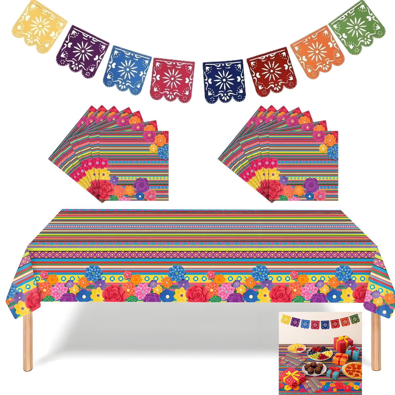 Mexican Party Decorations Set – Includes Colourful Tablecloth, 20 Napkins & Papel Picado Banner – Complete Day of the Dead, Halloween & Taco Night Party Table Supplies for Indoor/Outdoor Use